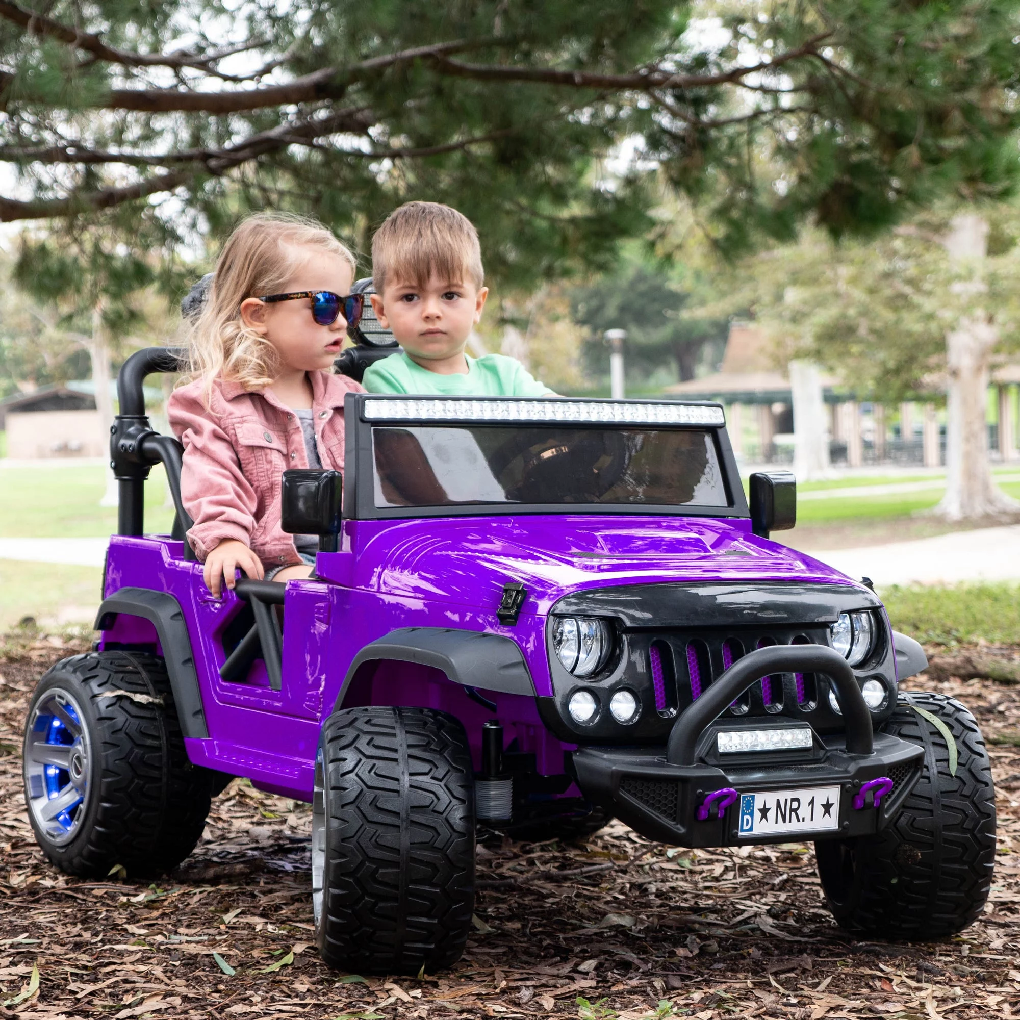 Two (2) Seater 24V Ride On Kids Car Truck with Remote Large Battery Licensed Kid Car to Drive 3 Speeds, Leather Seat, MP3 Music by Bluetooth, FM Radio, Rubber Tires - Womvr