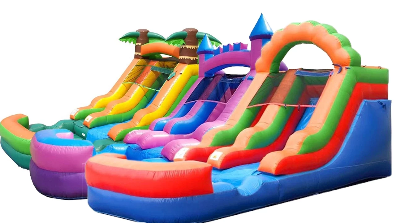 Pogo Bounce House Crossover Kids Inflatable Water Slide Trio, Rainbow, Pink and Tropical, 12 ft - Womvr