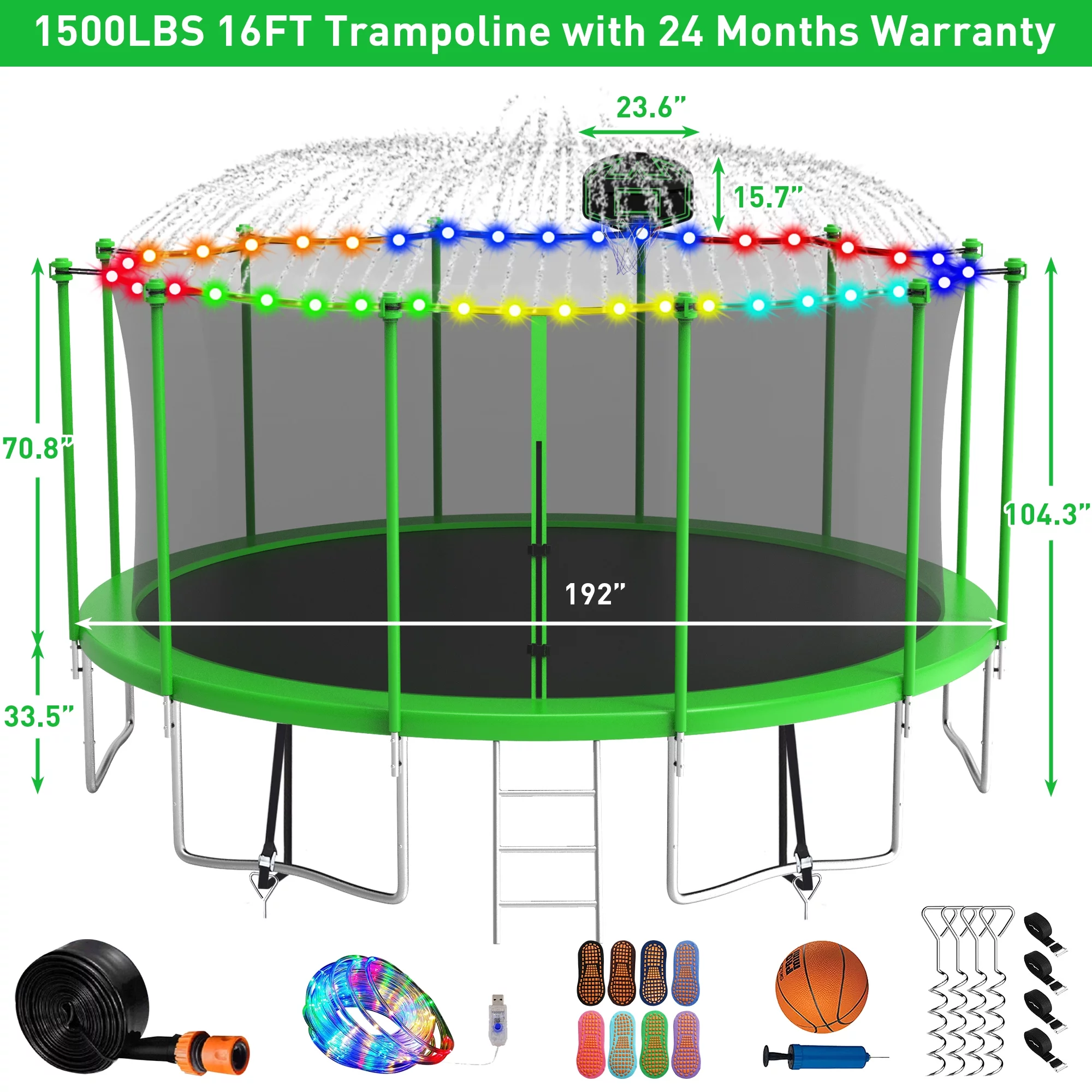 Kumix Trampoline with Enclosure, 1200LBS 12 14 15 16FT Trampoline for Kids Adults, Trampoline with Basketball Hoop, Lights, Sprinkler and Socks, Outdoor Heavy Duty Trampoline - Womvr