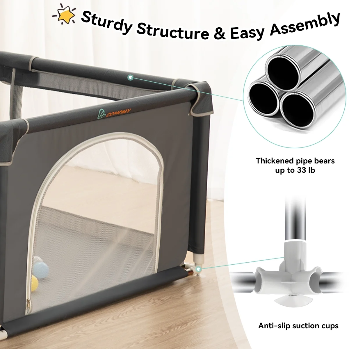 Baby Playpen, 63x63'' Large Baby Playard, Infant Activity Center with Anti-Slip Base, Gray - Womvr