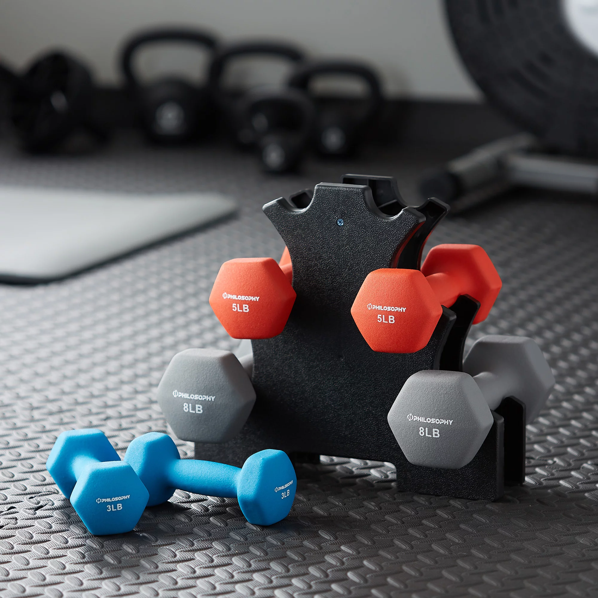 Philosophy Gym Neoprene Dumbbell Hand Weight with Stand, 20 Lbs. (2 Lb., 3 Lb., 5 Lb. Pairs) - Womvr