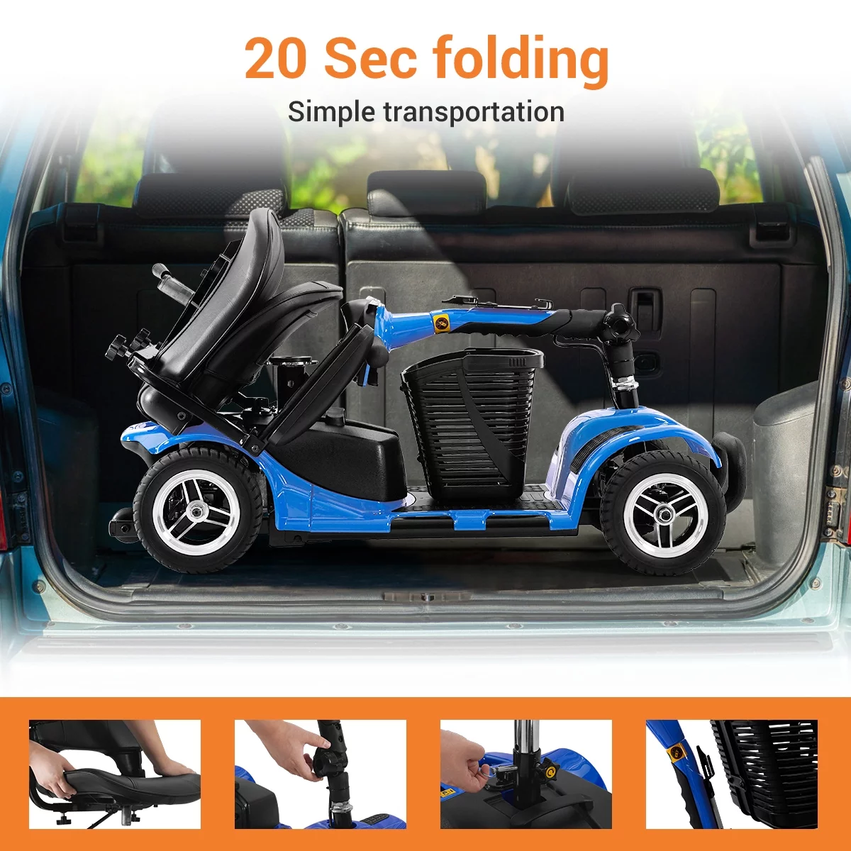 TEKAMON 4 Wheels Mobility Scooter - Portable Folding Power Electric Mobility Scooters for Seniors, Adults, Handicapped, Elderly - Range Extended Battery,Blue - Womvr