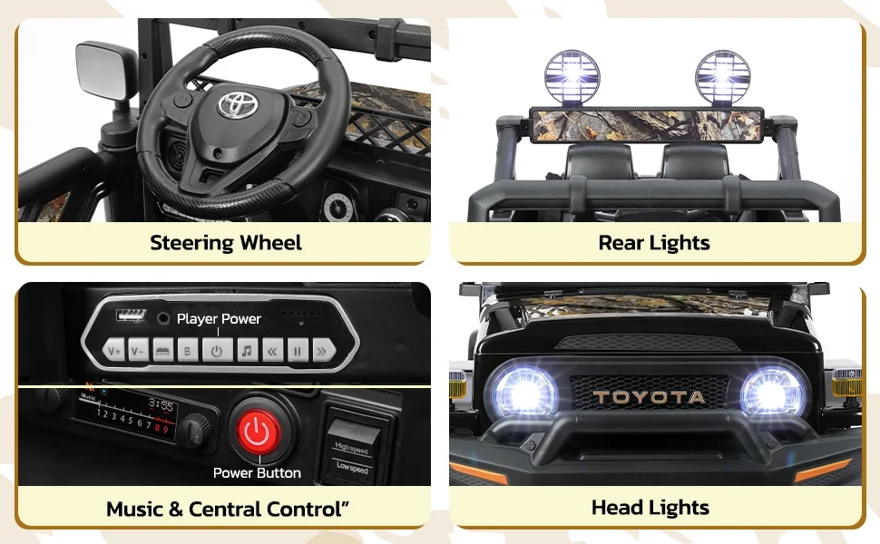 Toyota FJ Cruiser Ride on Car, 12V Powered Off-Road Toys for Kids w/ Remote,Spring Suspension,6 LED Lights,Camo Green - Womvr