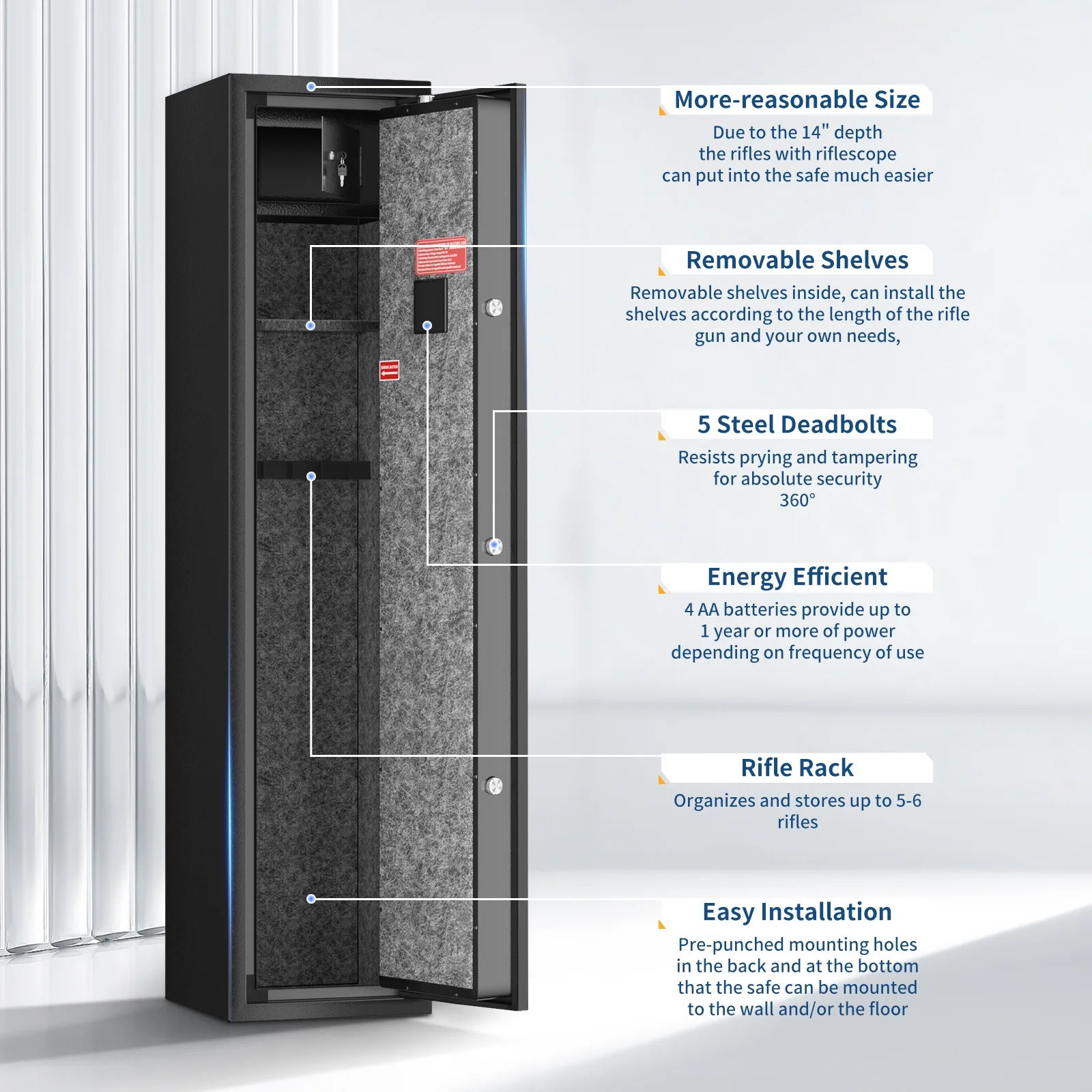 SRWTRCHRY Fingerprint 5-Gun Safe, 2s Quick Access Gun Cabinet with 2 Open Ways, Electronic Storage Cabinet for Rifles, Heavy-Duty Security Cabinet with Removable Shelf, 56''H - Womvr