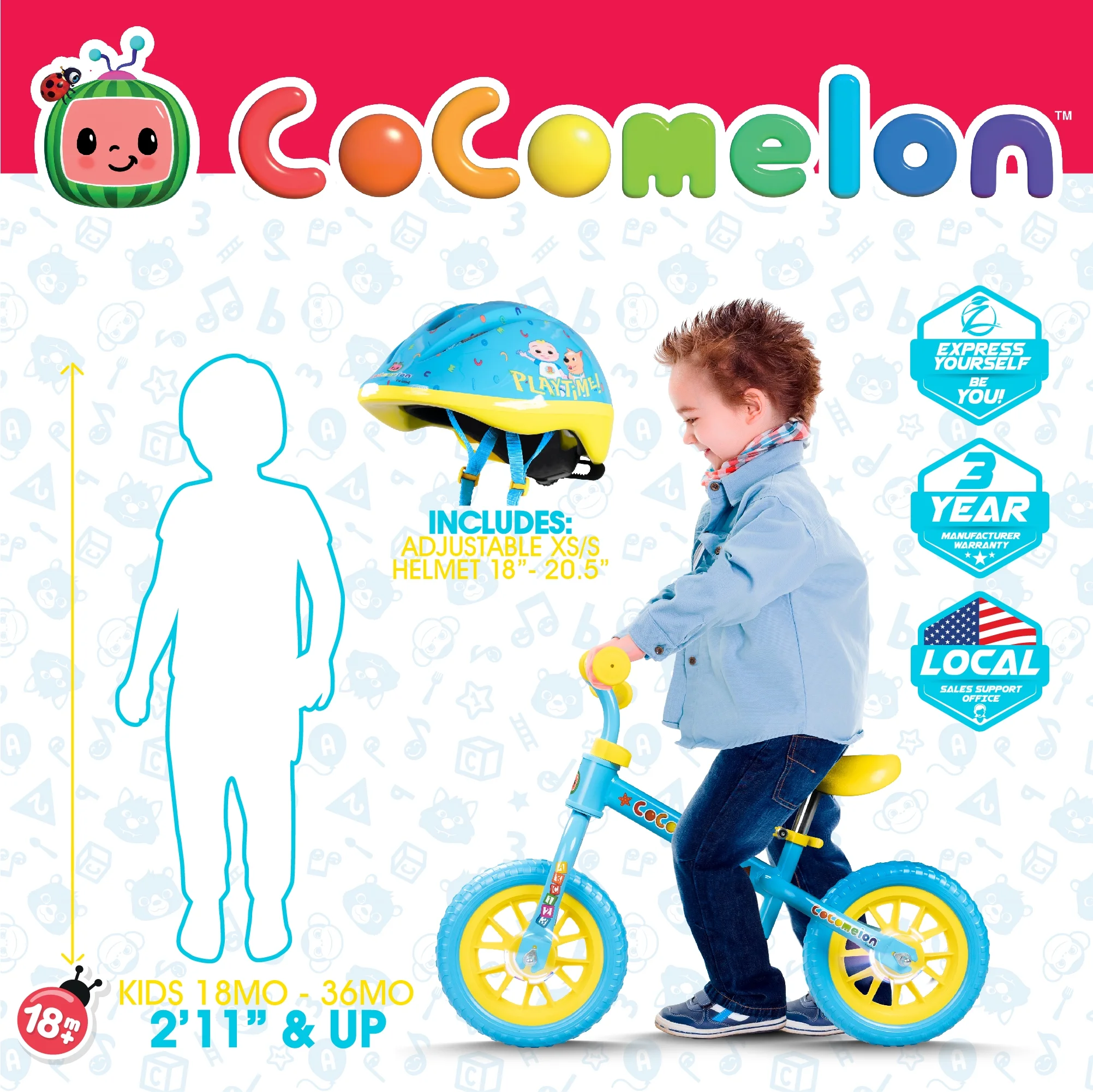 Cocomelon Toddlers Balance Bike Adjustable Helmet Light-up 10