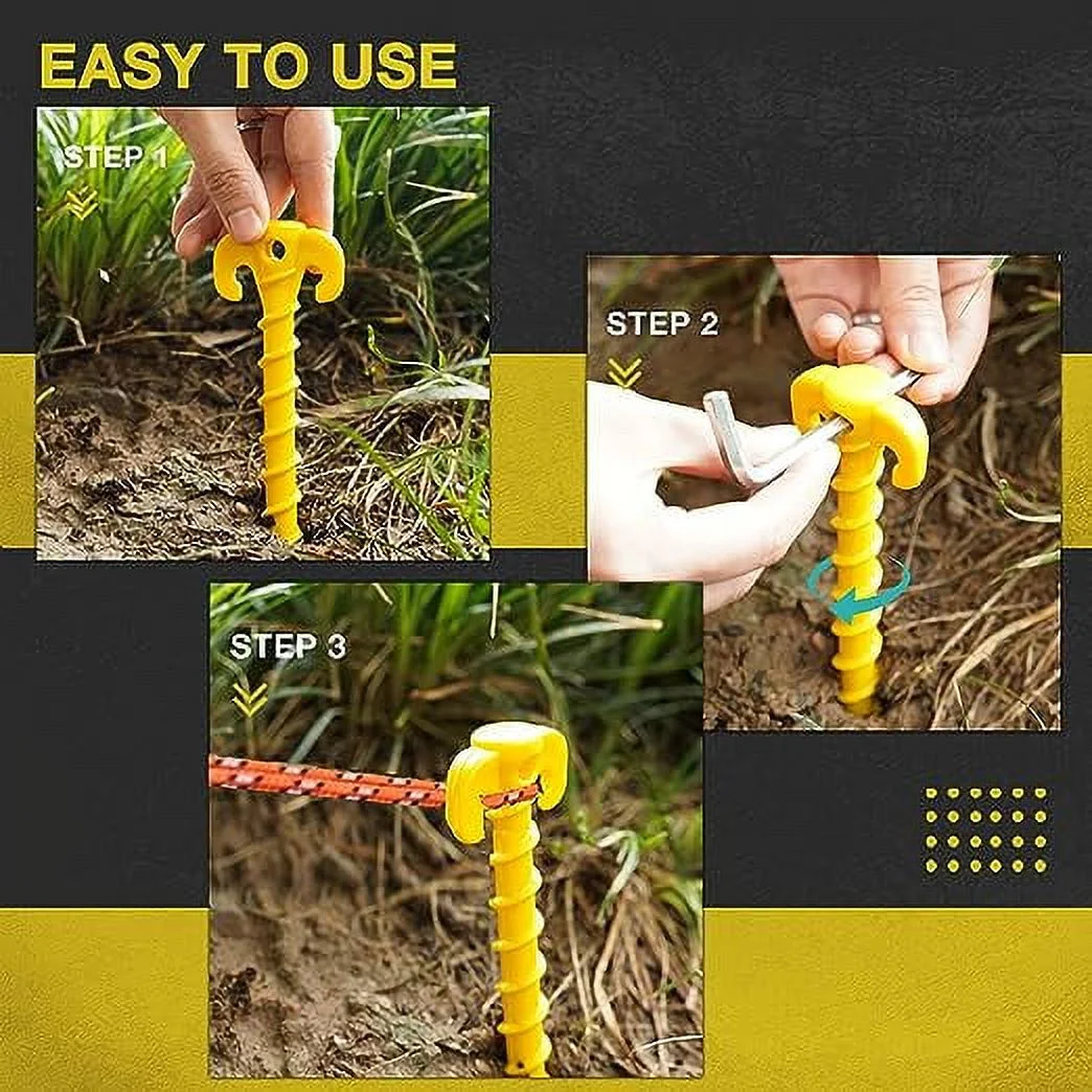 Kotto Large 10 inch Yellow Outdoor Tent Stakes Ultimate Ground Anchor Pegs, 8-Pack Heavy Duty Screw Style Plastic Ground Stakes - Womvr