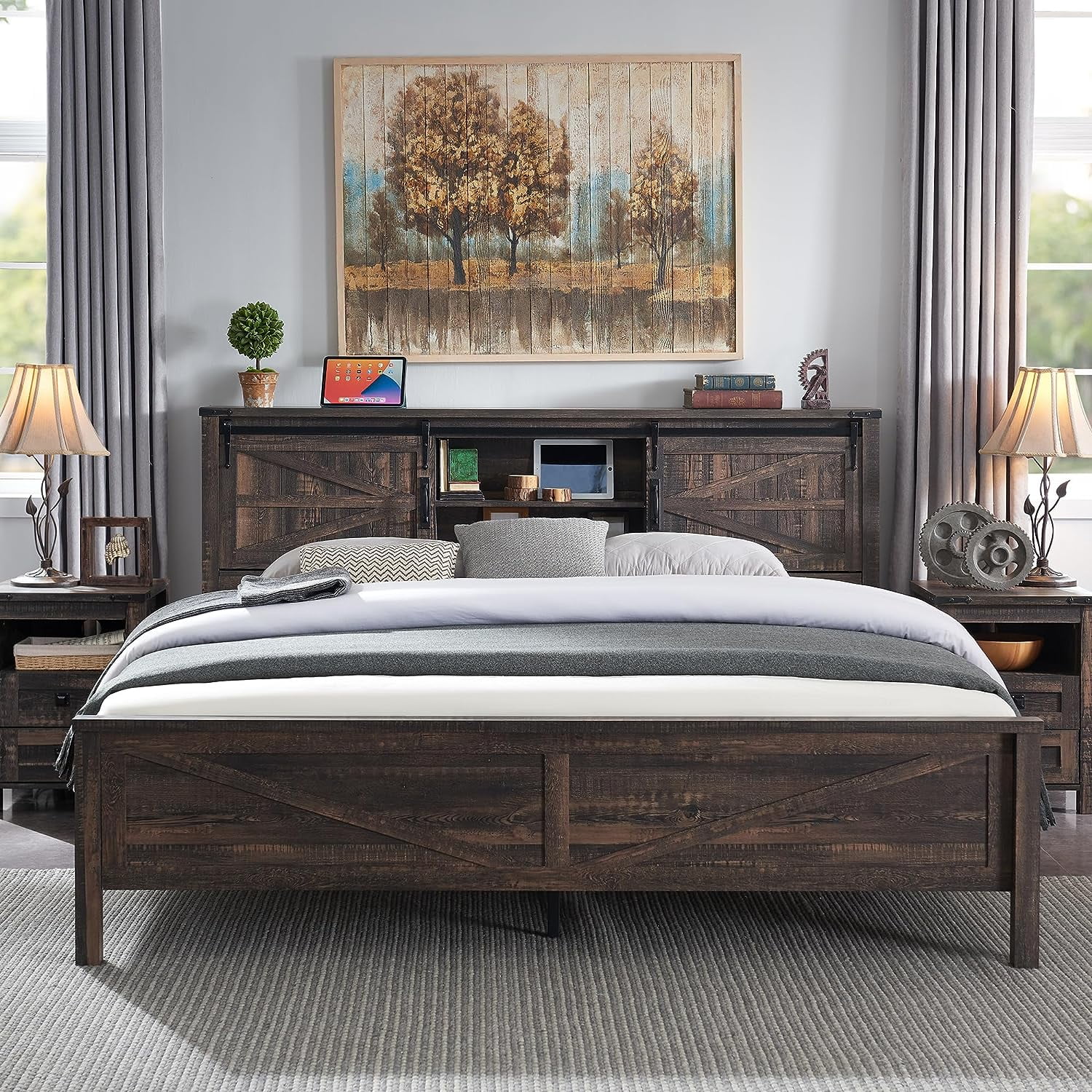 OKD Farmhouse Full Bed Frame, Wood Platform Bed with Bookcase Storage Headboard and Charging Station, No Box Spring Needed, Light Rustic Oak - Womvr