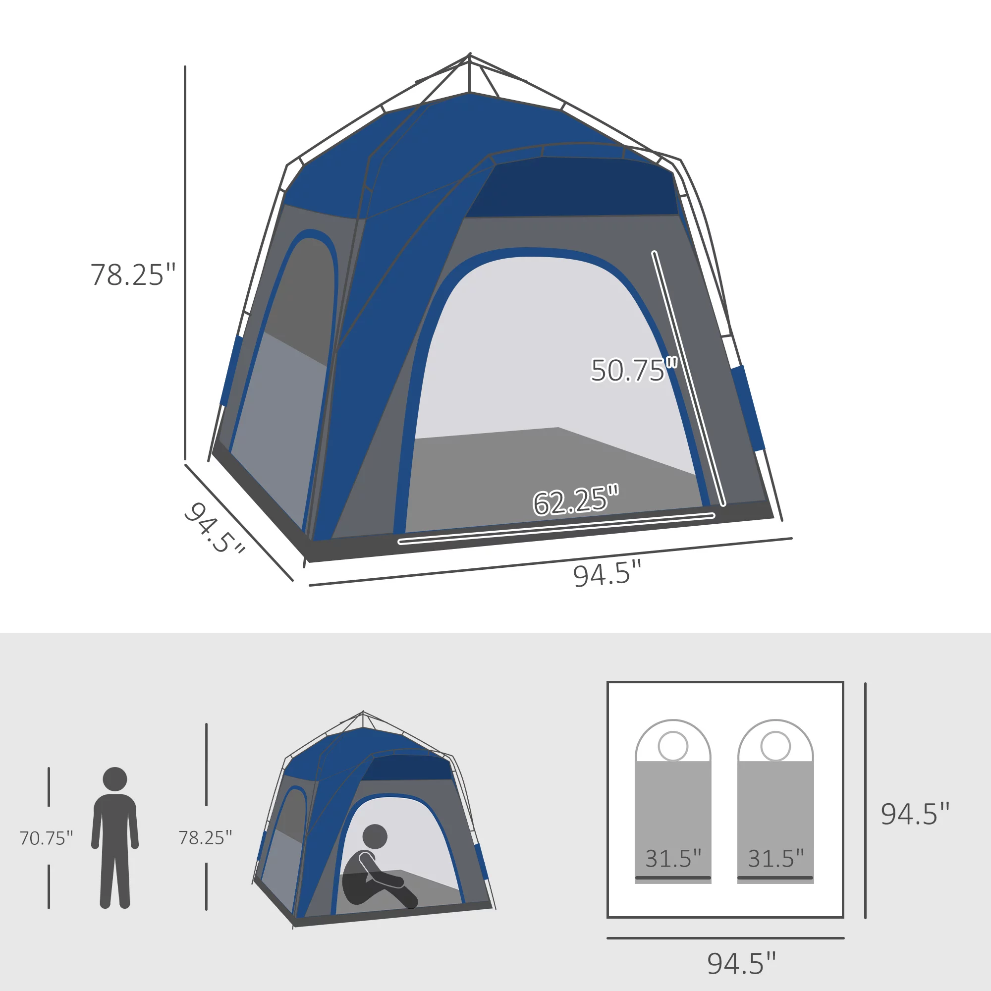 Outsunny Camping Tents 4 Person Pop Up Tent w/ Windows, Doors, Blue - Womvr