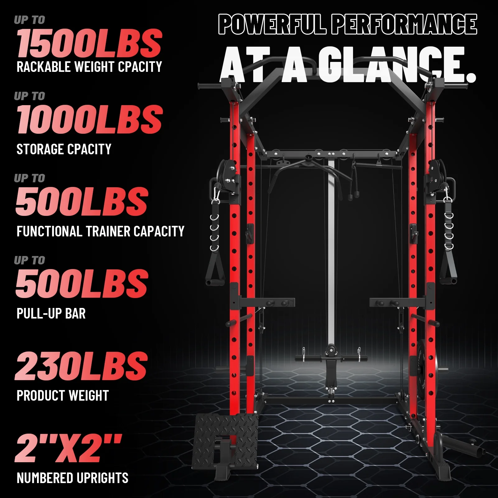 Mikolo Power Rack Cage, 1500 lbs Weight Rack with Cable Crossover Machine,Multi-Function Squat Rack with J Hooks,Dip Bars and Landmine for Home Gym (Red), Plate Loaded Machine - Womvr