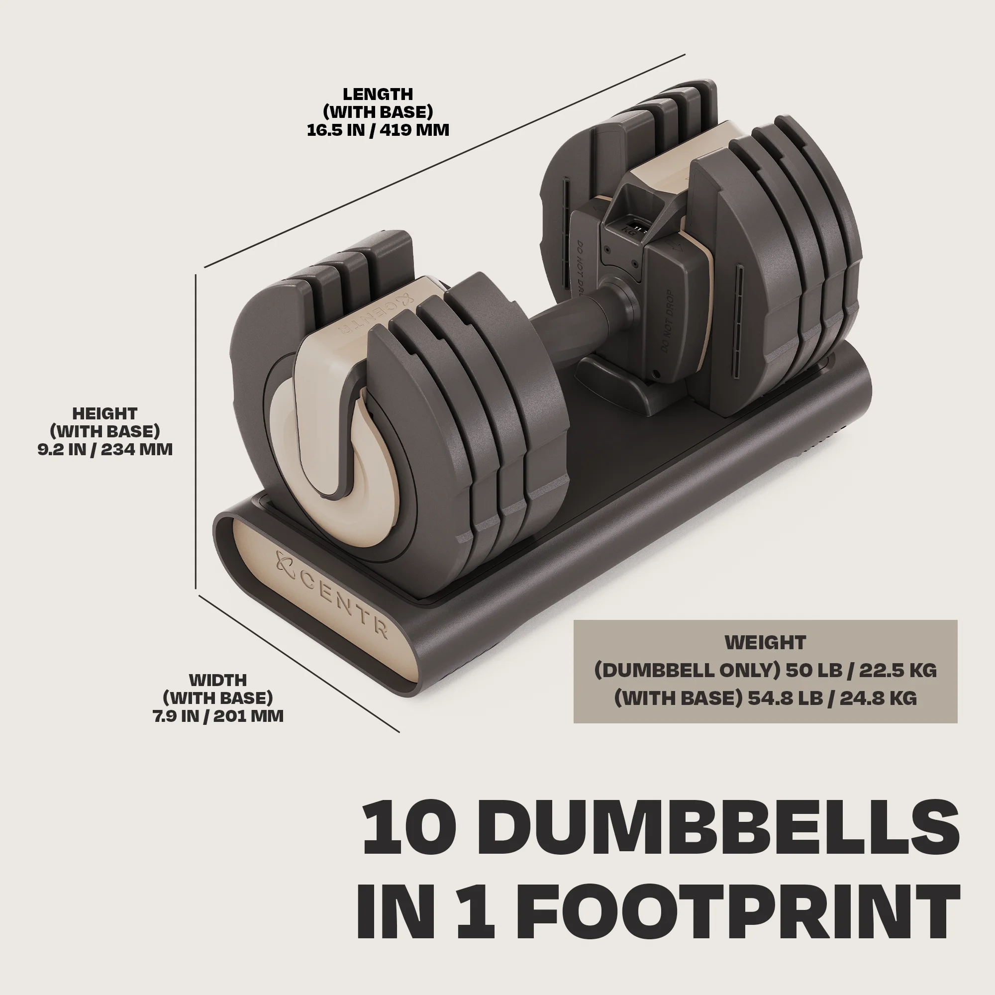 Centr Smart Stack 50 Adjustable Dumbbell, 5-50 lbs - Womvr