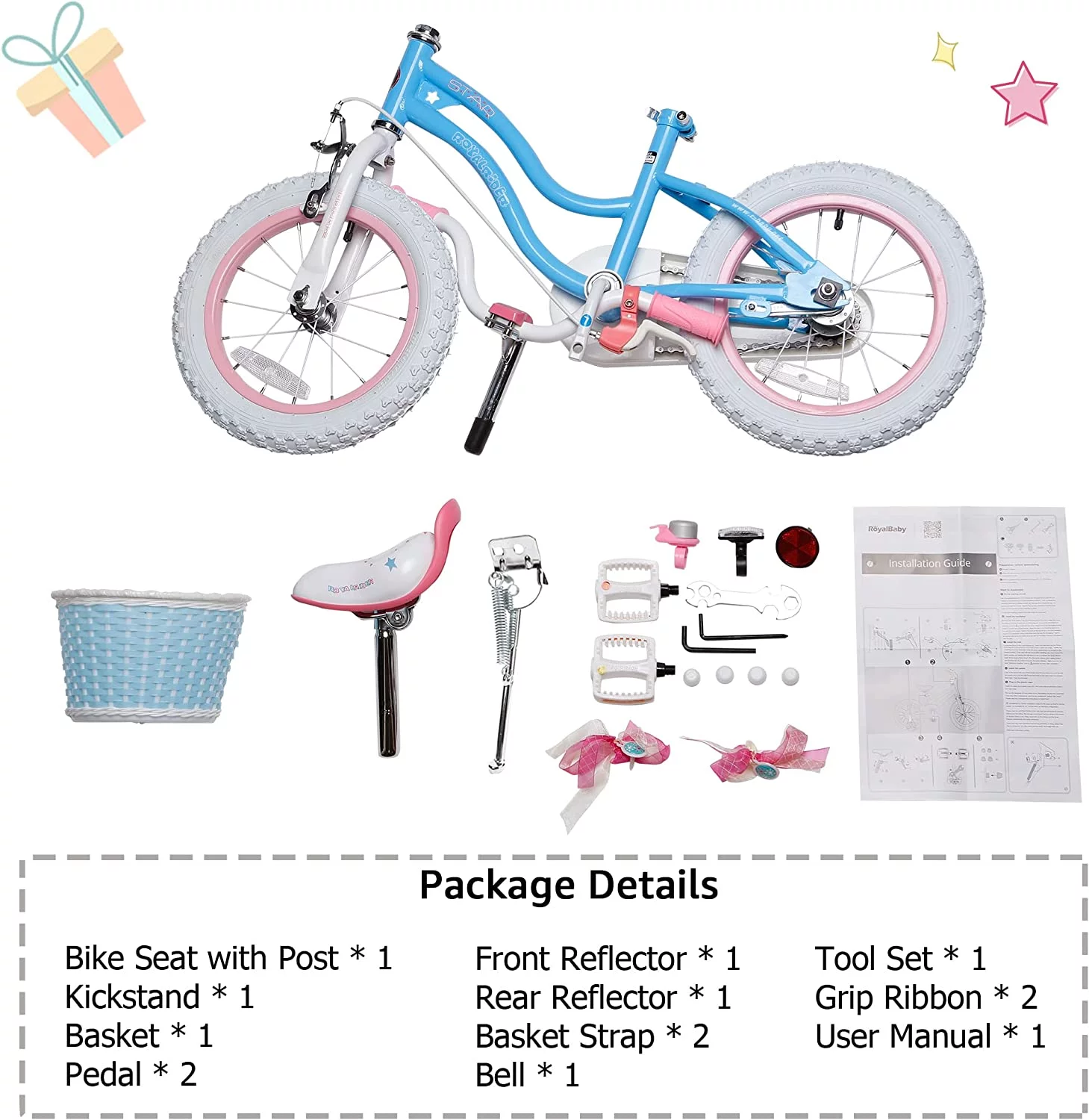 Royalbaby Girls Kids Bike Stargirl 18 In. Bicycle Basket Kickstand Blue Child's Cycle - Womvr