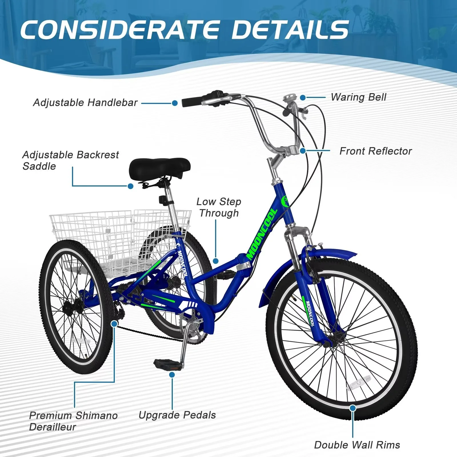 MOPHOTO 20/24/26 inch Adult Tricycle Folding 3 Wheel Cruiser Bikes 7 Speed, Portable and Foldable Trikes with Cargo Basket for Men & Women Outdoor Cycling, Purple - Womvr