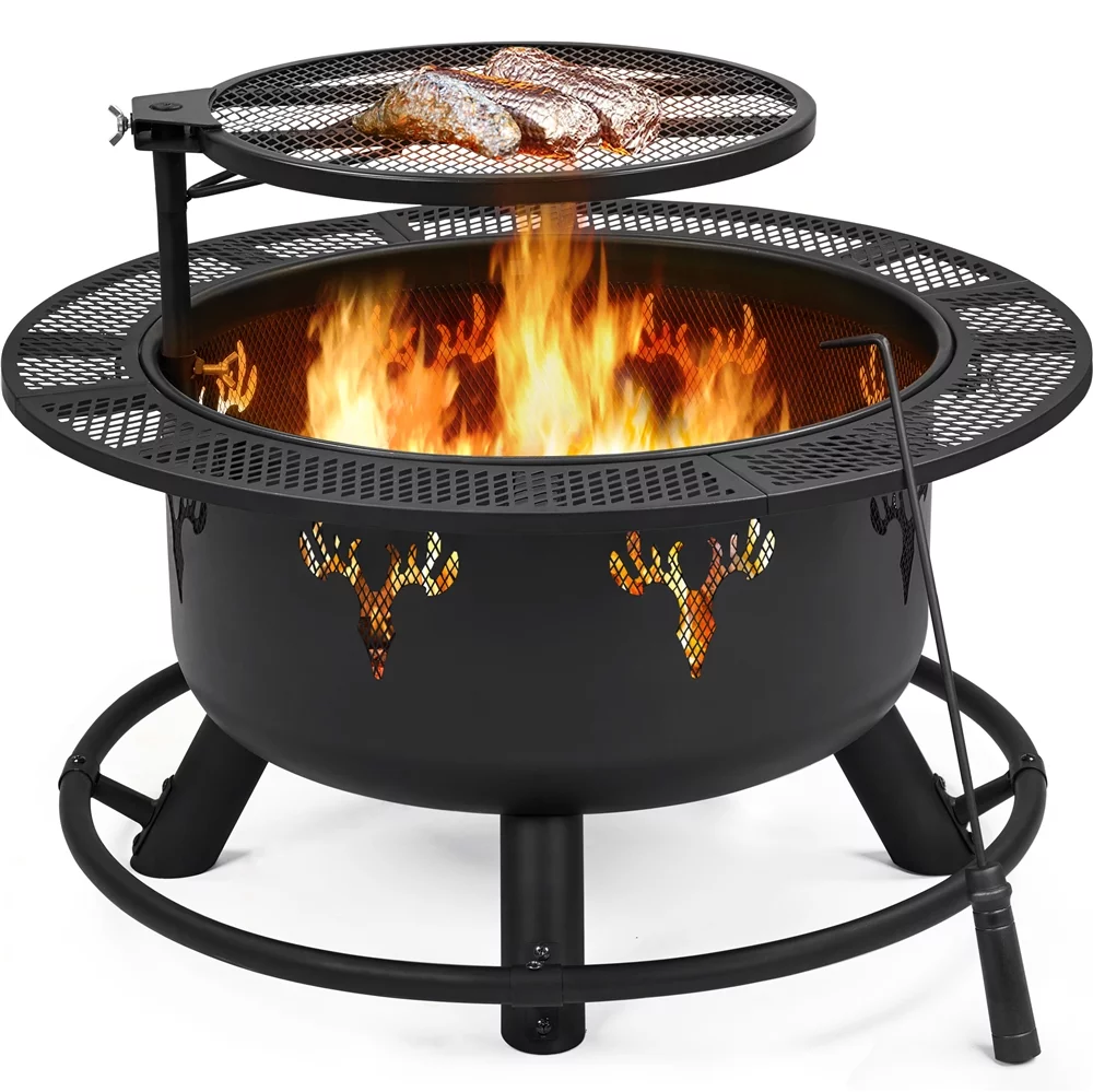 Alden Design 32�� Round Wood Burning Fire Pit for Outdoor, Black - Womvr