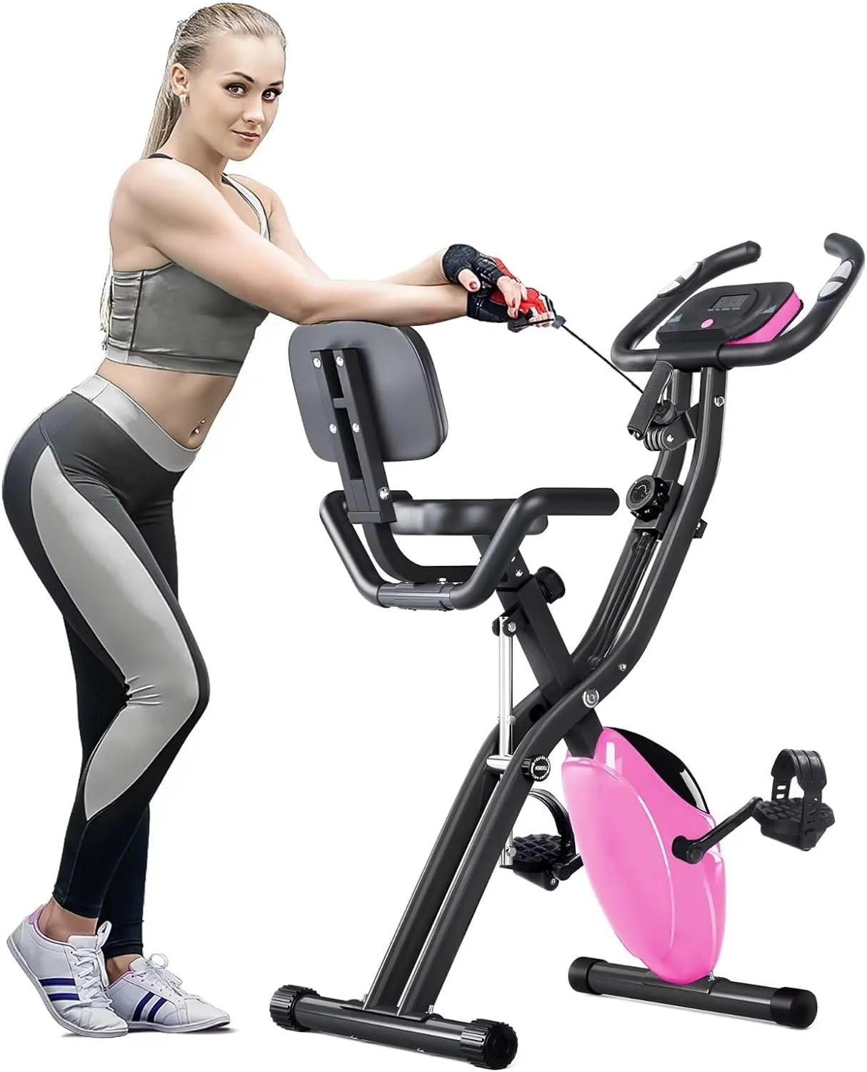 HLAiLL Foldable Exercise Bike for Home Stationary Magnetic Indoor Cycling Maximum Weight 300 lbs with 10-Level Adjustable Resistance, Arm Bands and Backrest - Womvr