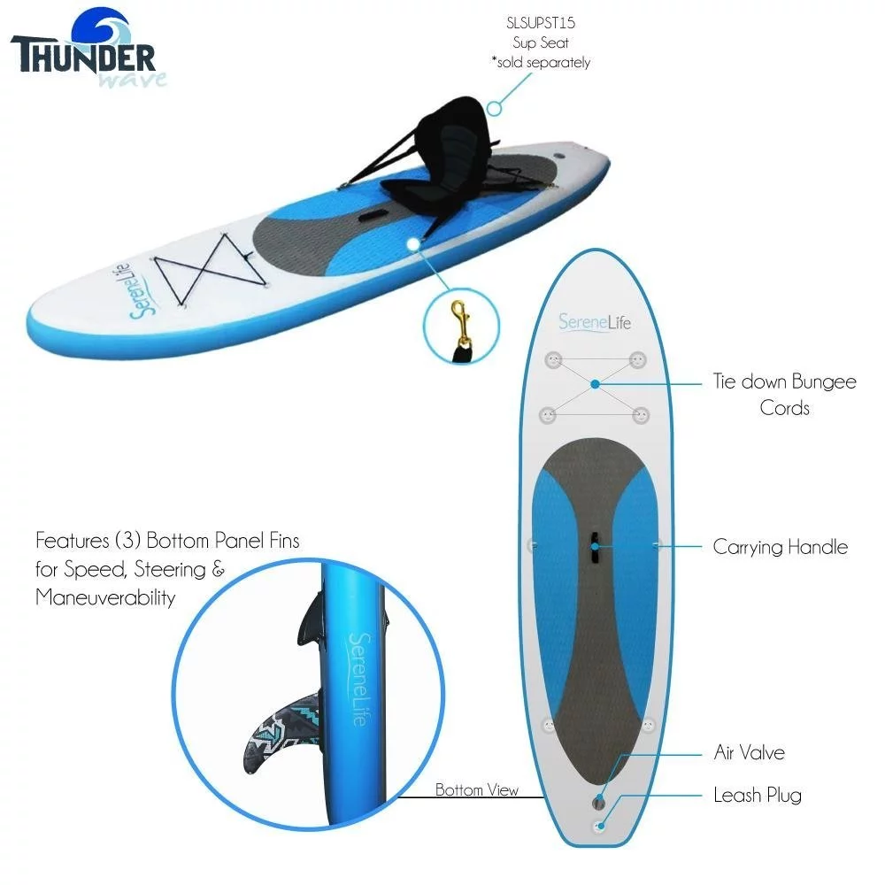 SereneLife Thunder Wave SUP - 10 Foot Inflatable Stand Up Water Paddle Board, Leash, Paddle, Pump & Bag - Green - Womvr