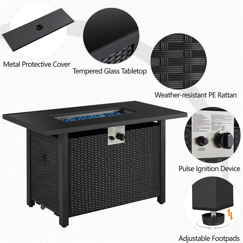 Topeakmart 43'' Propane Fire Pit Table with Tempered Glass Tabletop 50,000 BTU, Black - Womvr
