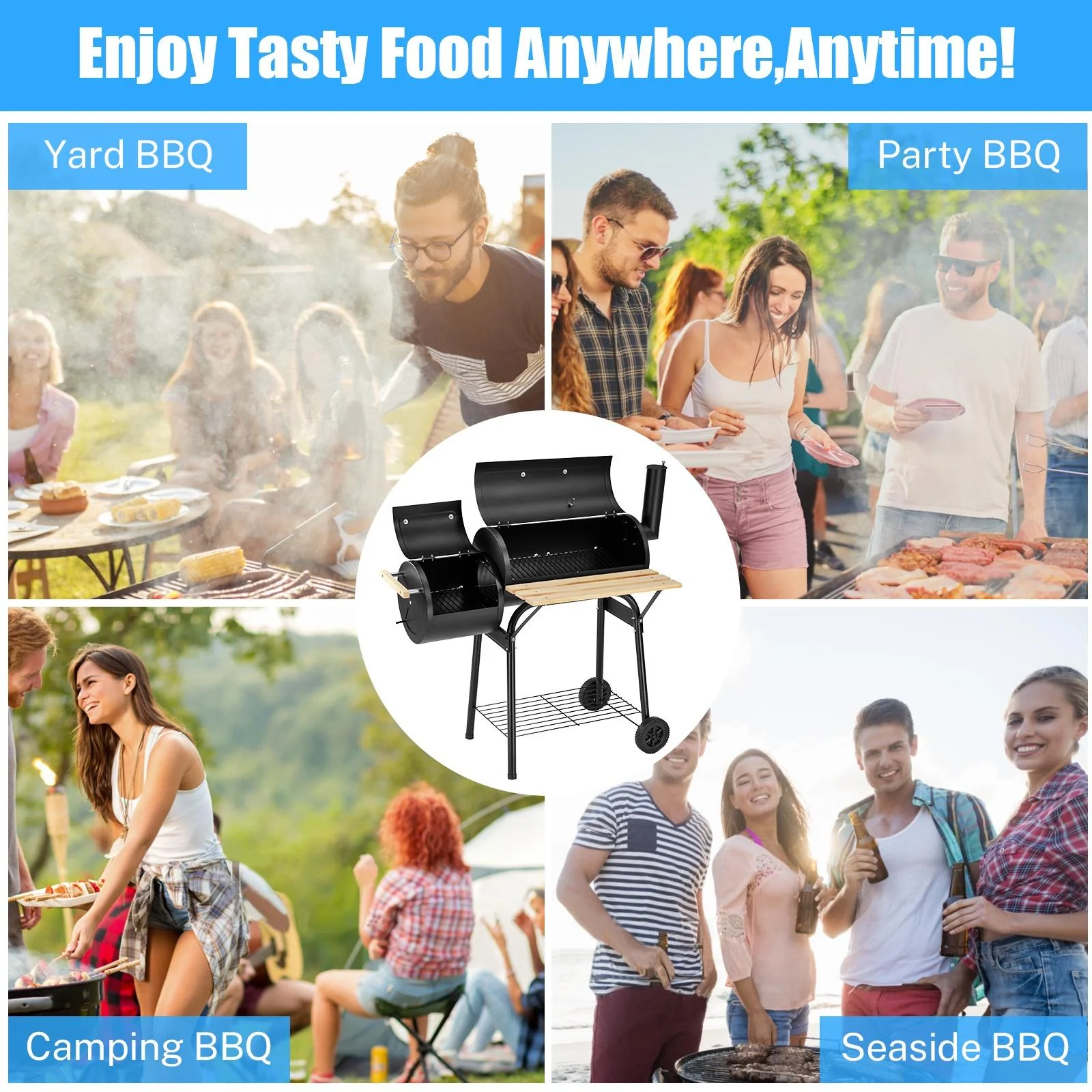 BBQ Charcoal Grill, 45.28-Inch Length Portable Barbecue Grill, Offset Smoker Barbecue Oven with Wheels & Thermometer for Outdoor Picnic Camping Patio Backyard, B026 - Womvr