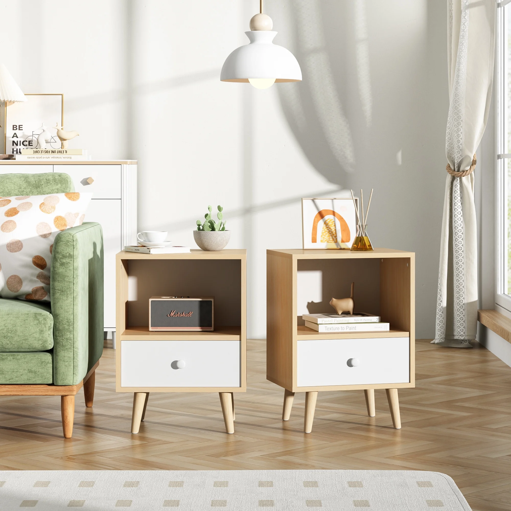 JAXPETY Nightstands Set of 2, Night Stand with 1 Drawer and Open Shelf Storage, End Table, Side Table, for Bedroom, Living Room, Natural Wood & White - Womvr