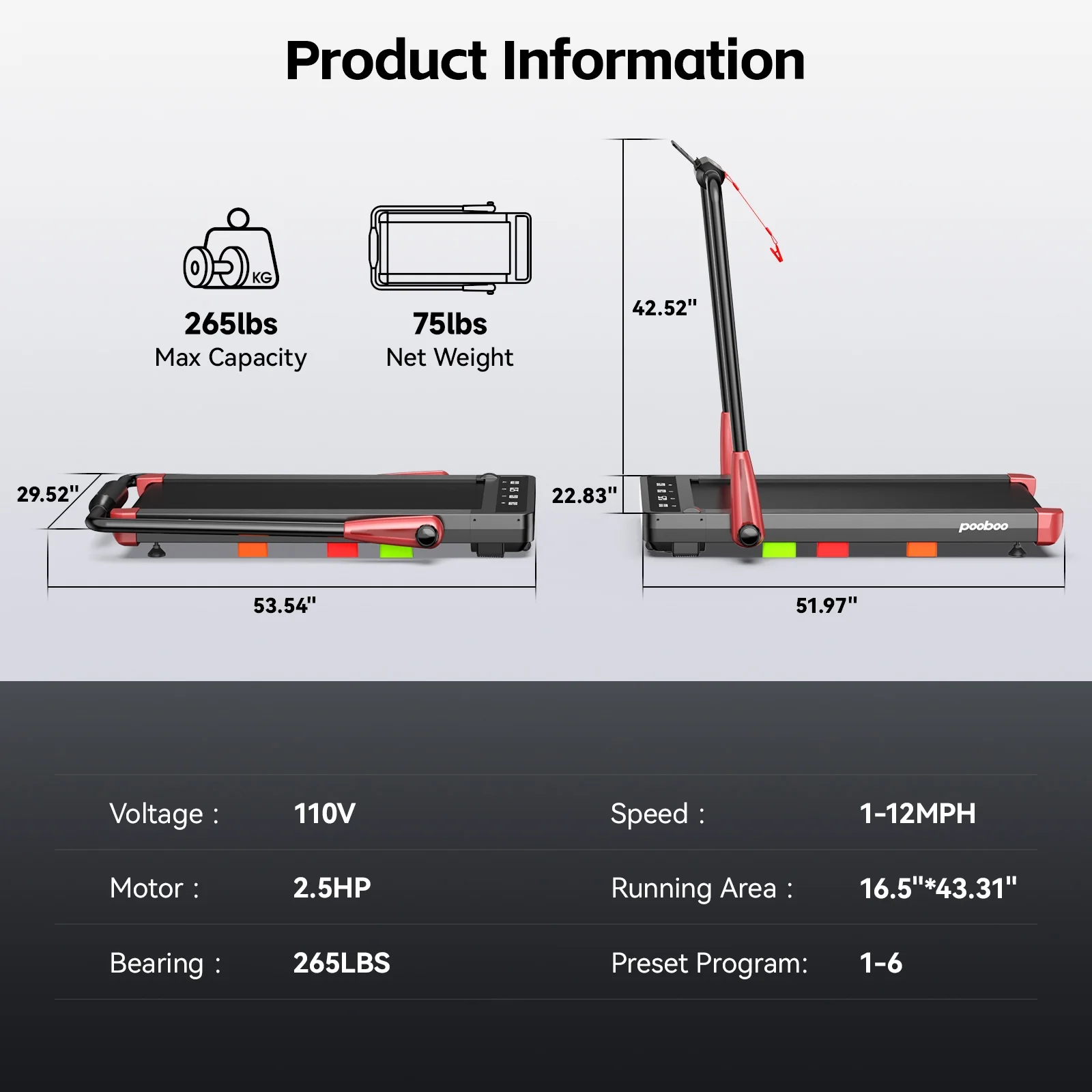 Pooboo 2.5 HP Under Desk Treadmill 2 in 1 Folding Treadmill Brush-less Walking Jogging Machine with App & Remote Control Led Touch Screen Walking Pad for Office Home Use 265lbs - Womvr
