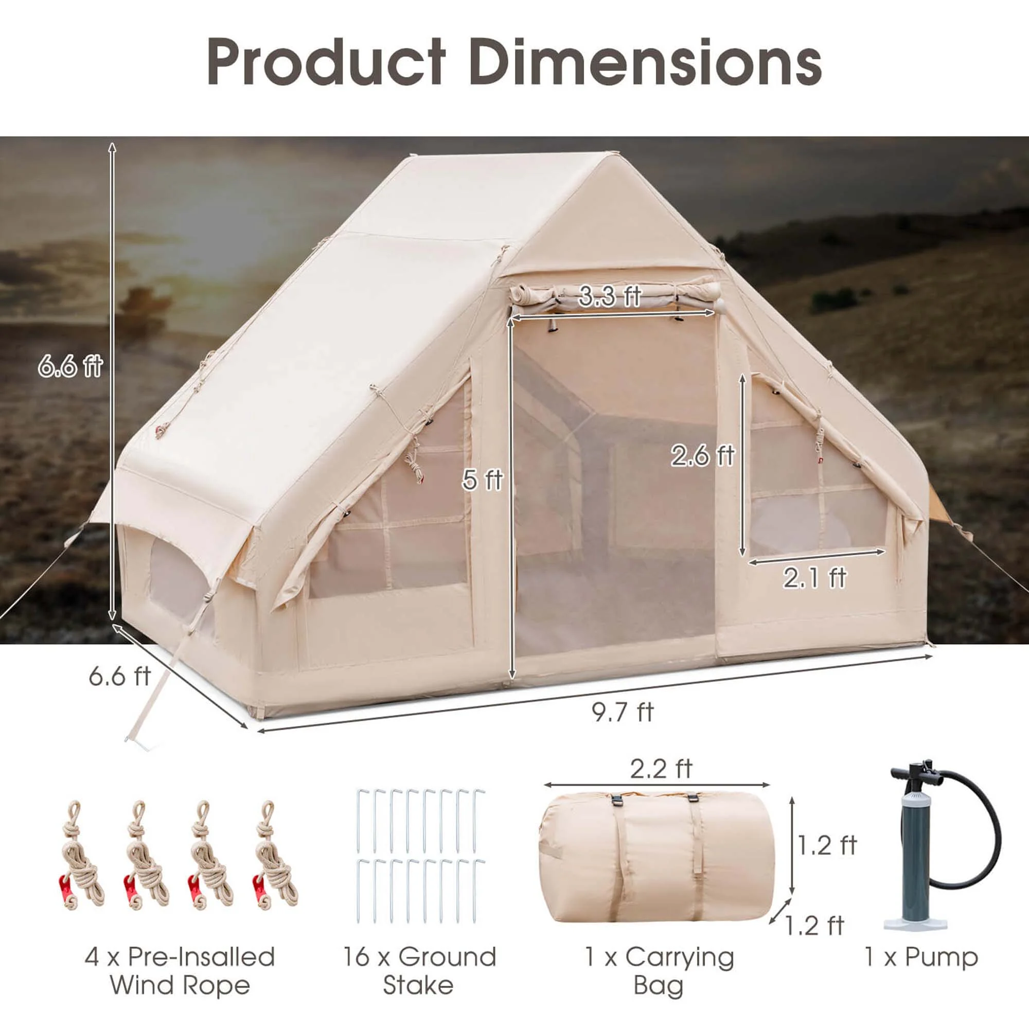 Costway Inflatable Camping Tent 2-6 People Cotton Glamping Tent for Family Camping - Womvr
