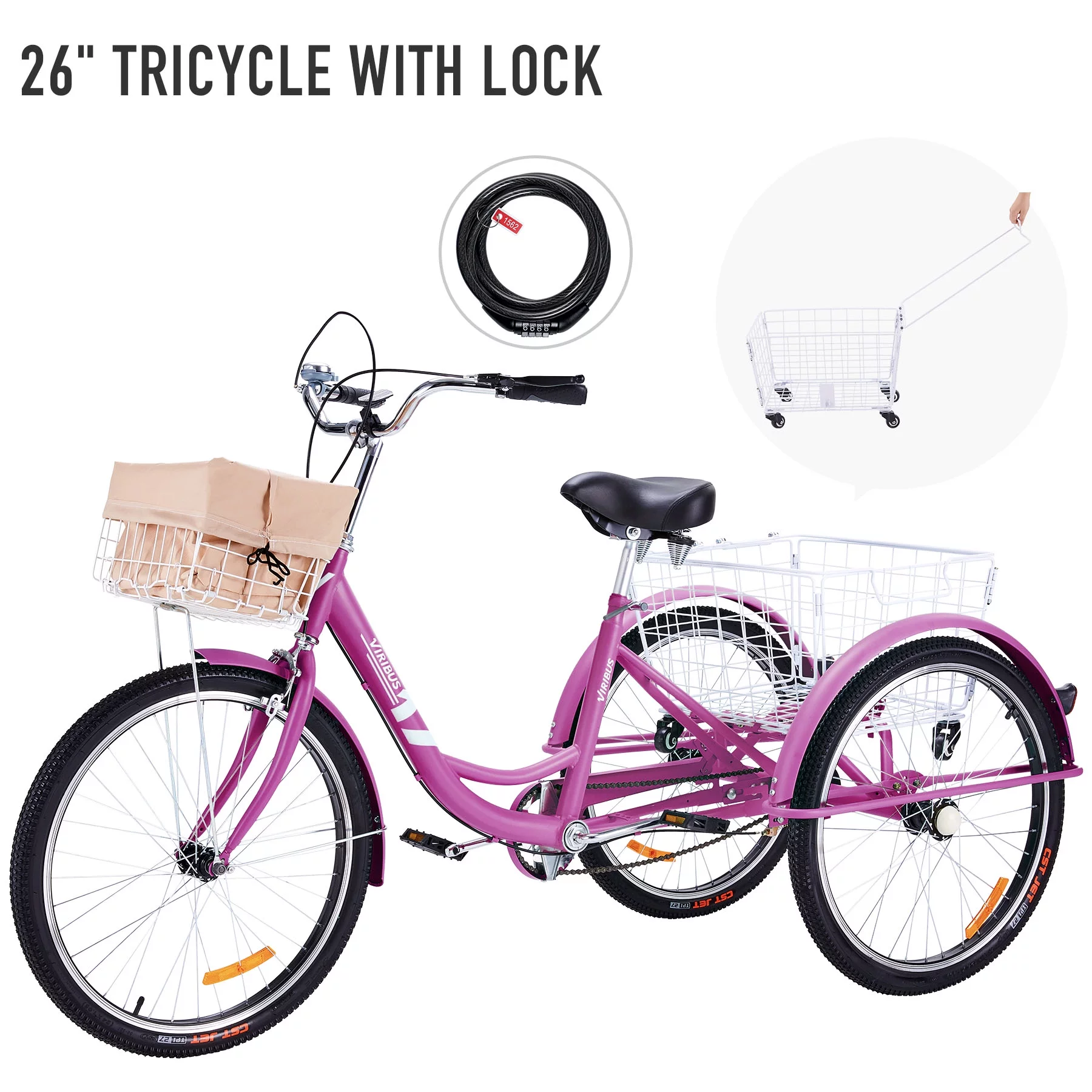 Viribus 26 Inch Single Speed Adult Tricycle 3 Wheel Bike with Removable Basket, Hybrid Beach Trike, Pink - Womvr