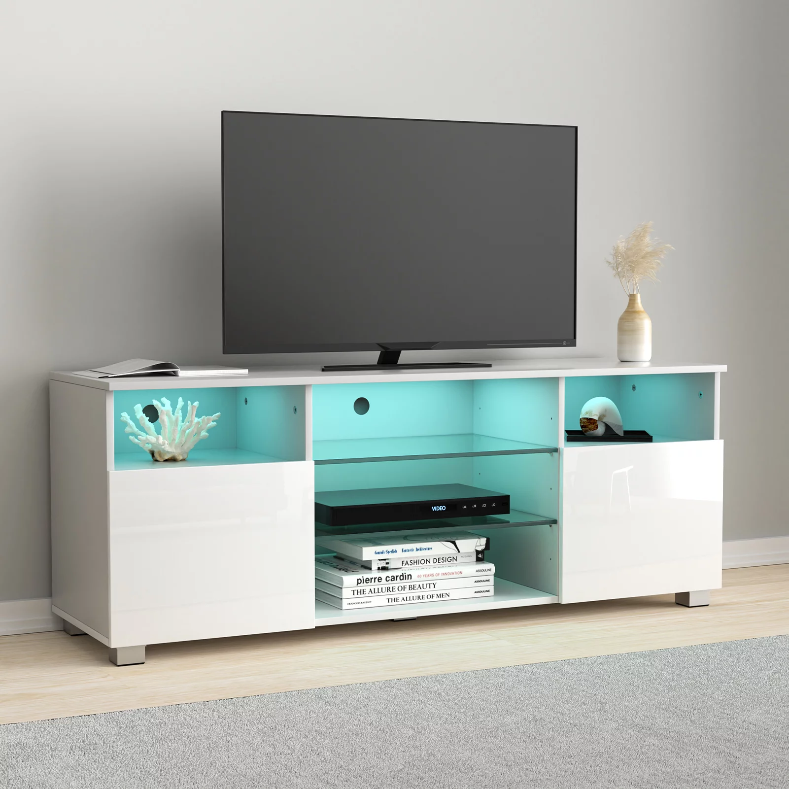 ChVans LED TV Stand for 65/70inch, High Glass Modern Entertainment Center with LED Lights and Glossy Cabinets(Black-65