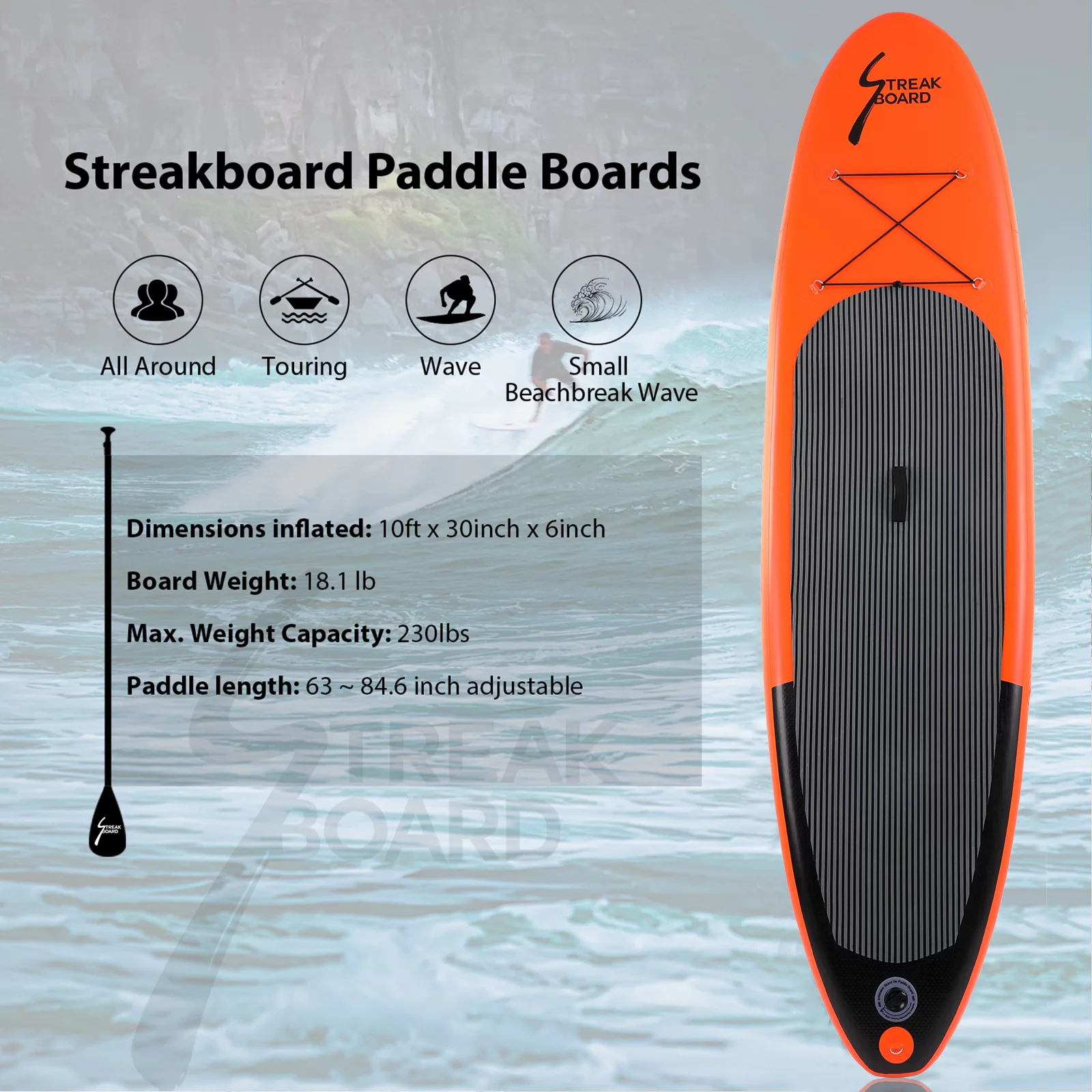 streakboard 10' Inflatable Stand up Paddle Board with SUP Accessories, Backpack, Paddle & Hand Pump - Womvr