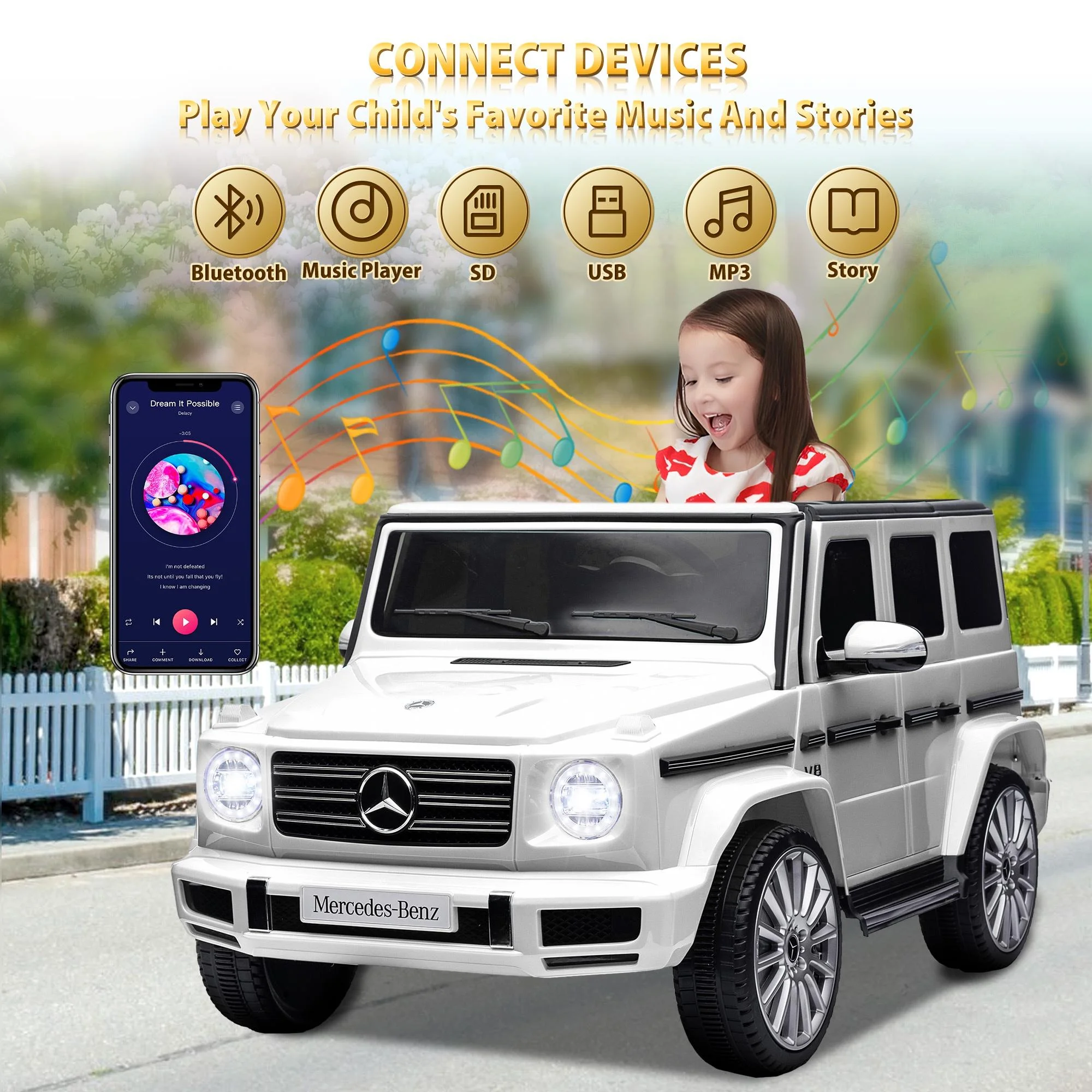 24V Ride on Car with Remote Control for Kids Mercedes Benz Ride on Car Toy for Boys and Girls 3-6 Years Old, Electric Vehicle, Bluetooth, LED Light, White - Womvr
