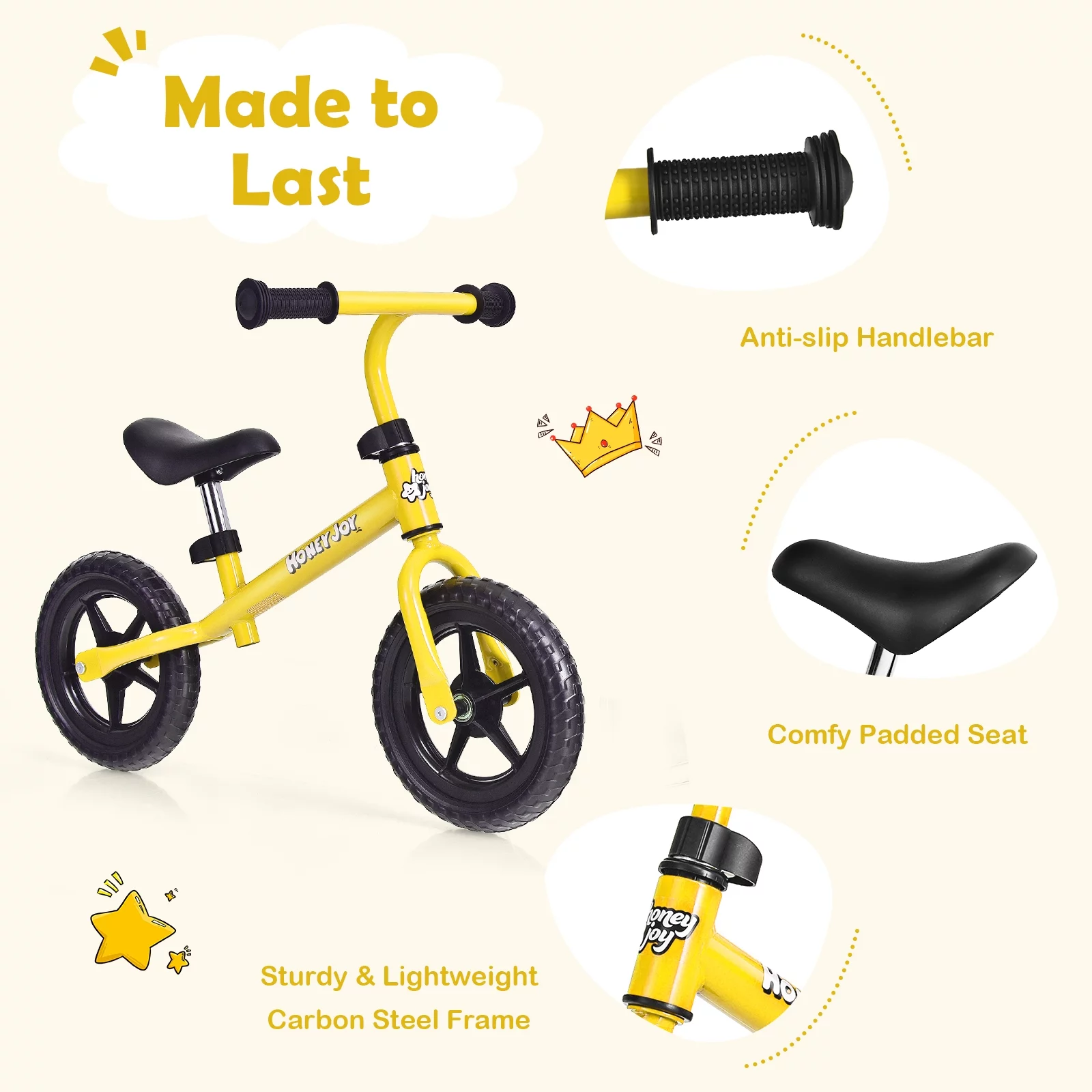 Infans Kids Balance Bike No Pedal Training Bicycle w/Adjustable Handlebar & Seat Yellow - Womvr