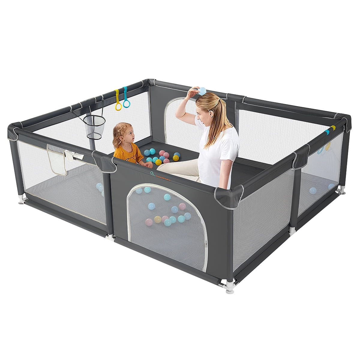 Baby Playpen, 36x36x27inch Portable Soft Mesh Sturdy Pipe Ample Space for Toddler, Gray - Womvr