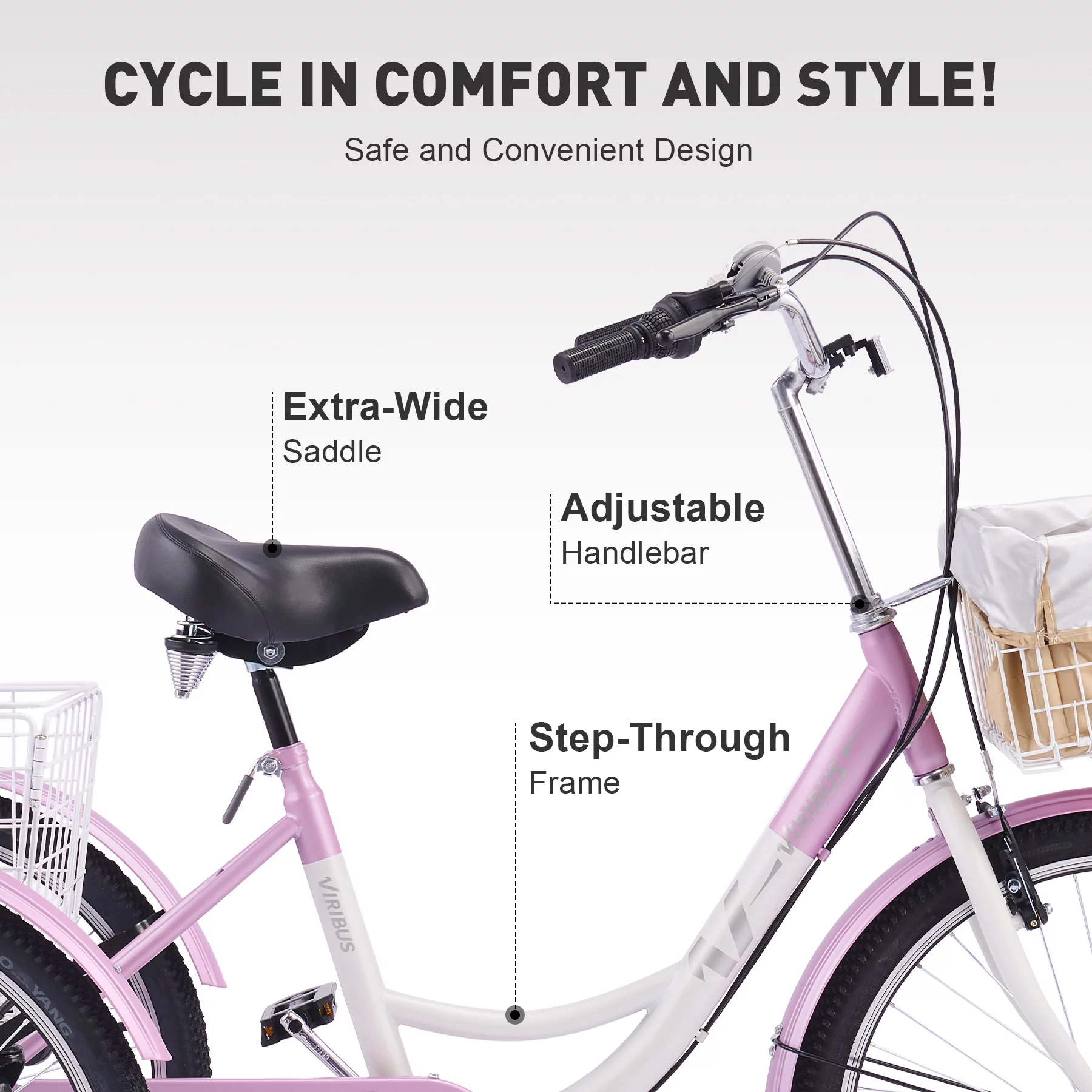 VIRIBUS 24 Inch Adult Trike 7 Speed Bike w Adjustable Seat 2 Baskets Matte Gray - Womvr