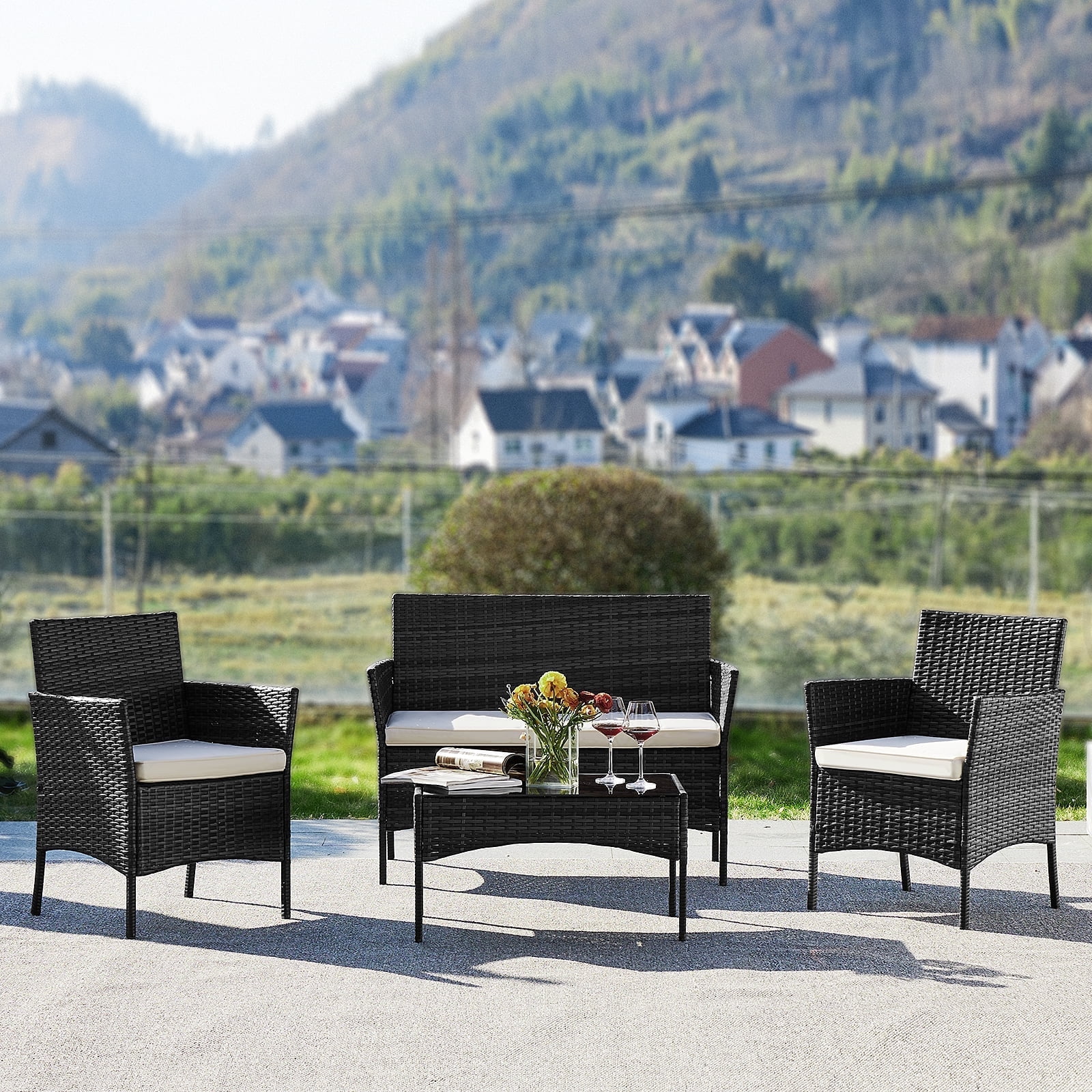 Yangming Outdoor Patio Furniture Set with Sectional Sofa, Table, Chairs and Thick Cushions - Perfect for Lawn, Garden, Backyard or Pool Area, Black - Womvr