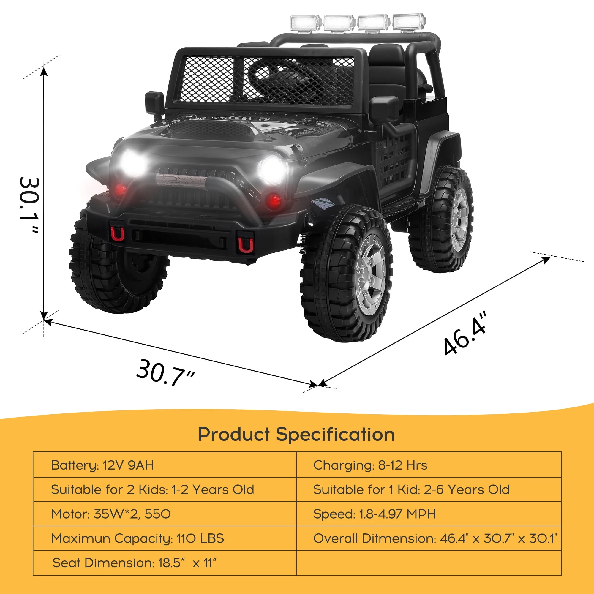 2 Seater Kids Ride on Truck with Remote Control, Music, 12V Children Electric Jeep Car - Womvr