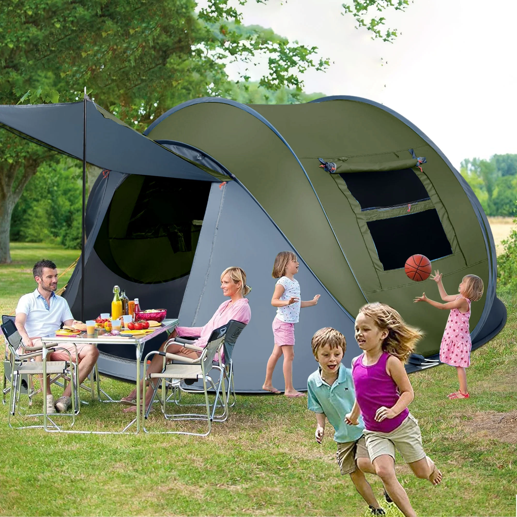 GVDV Camping Tent, 6 Person Easy Pop up Tent, Automatic Setup 2 Doors-Instant Family Tents for Camping Hiking & Traveling, 10.5ft x 7.2ft x52in, Green - Womvr