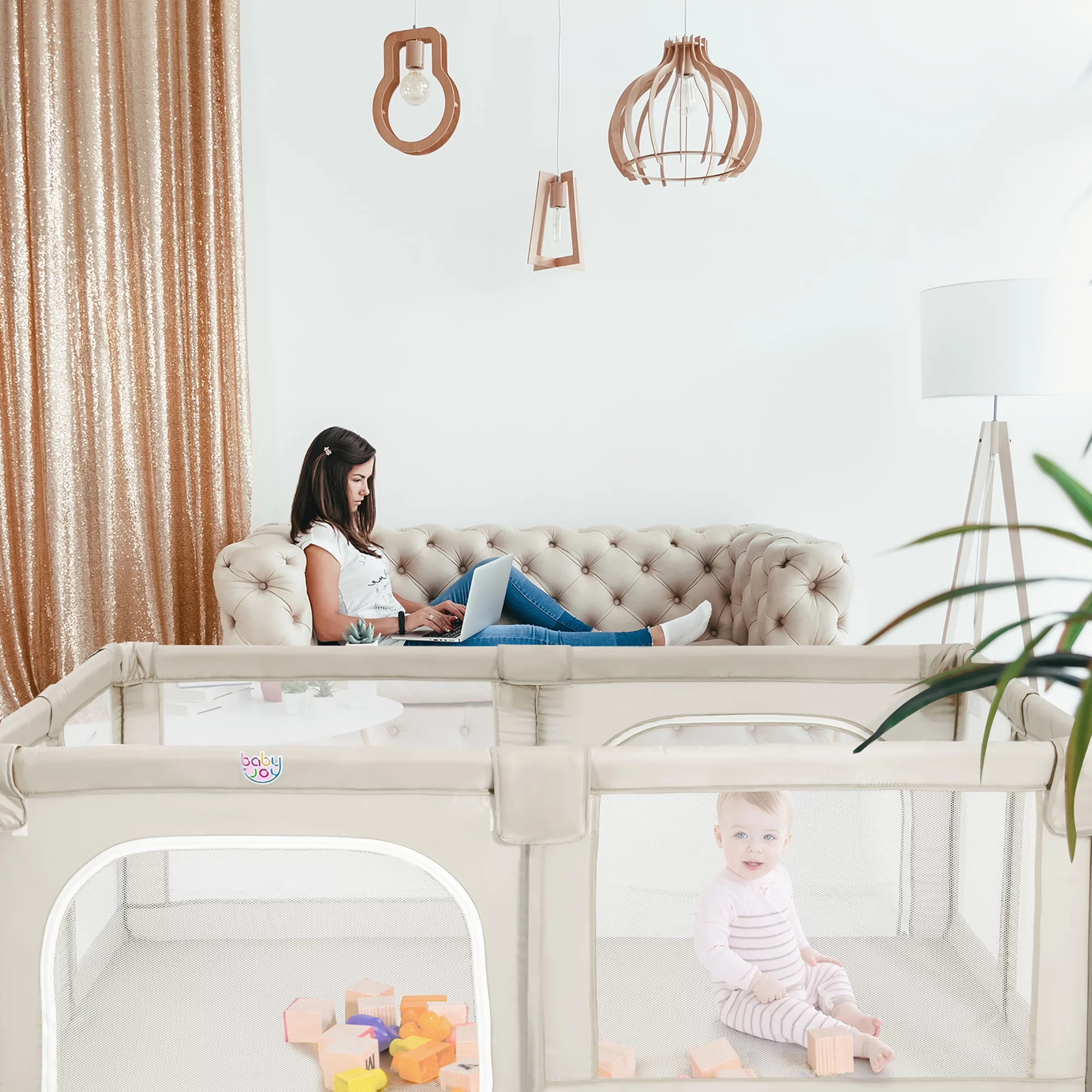 Babyjoy Playpen Extra Large Unisex Kids Baby Activity Center Safety Play Yard with Gate Gray - Womvr