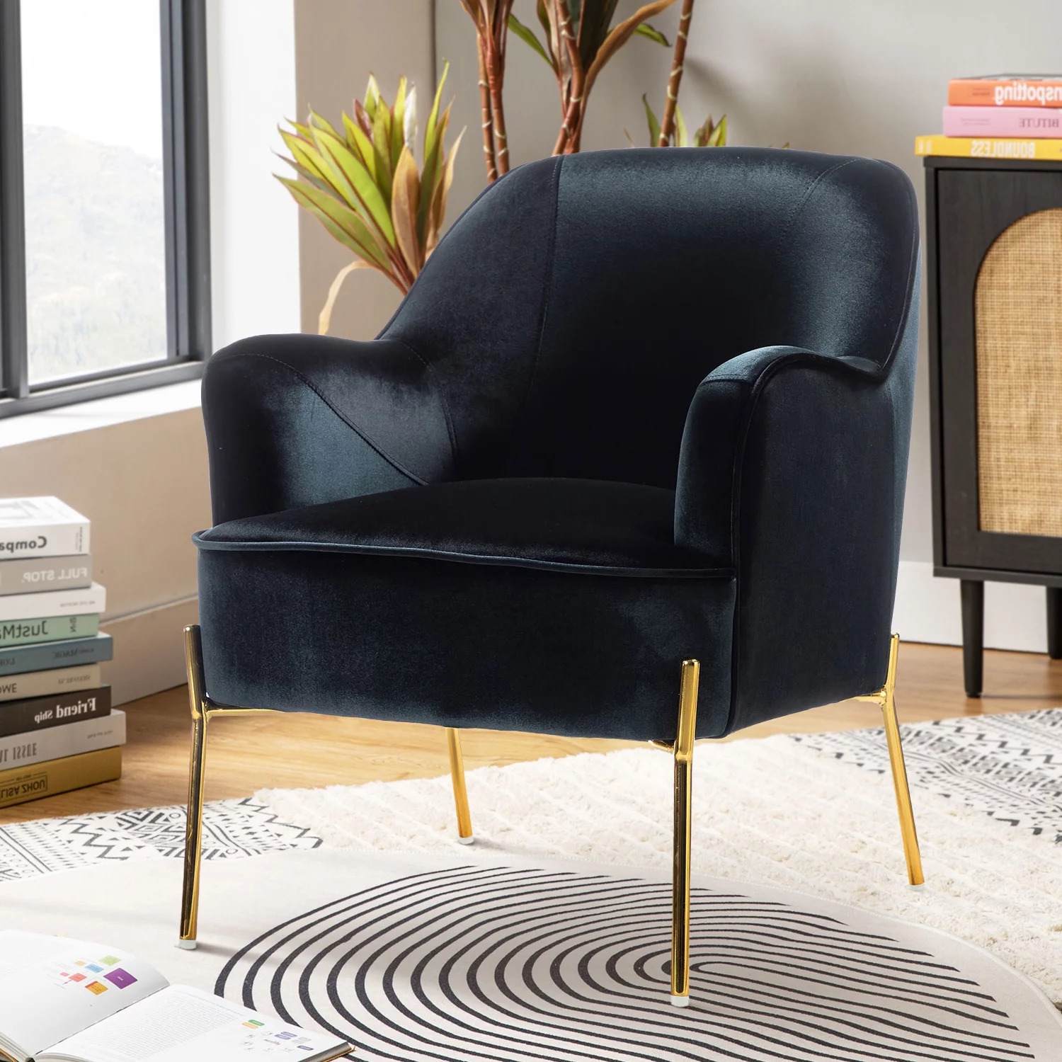 Velvet Upholstered Accent Chair Metal Legs Curved Backrest Lounge Home Armchair Bedroom Adult Pink - Womvr