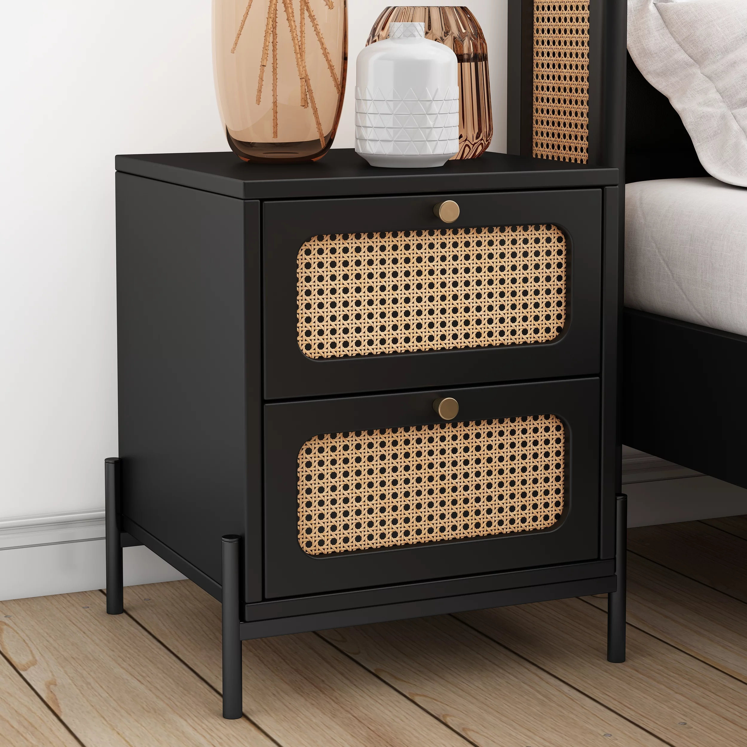Modern Cannage Rattan Wood Closet 2-Drawer Side Table End Table Nightstand for Bedroom, Living Room, Entryway, Hallway, Walnut - Womvr