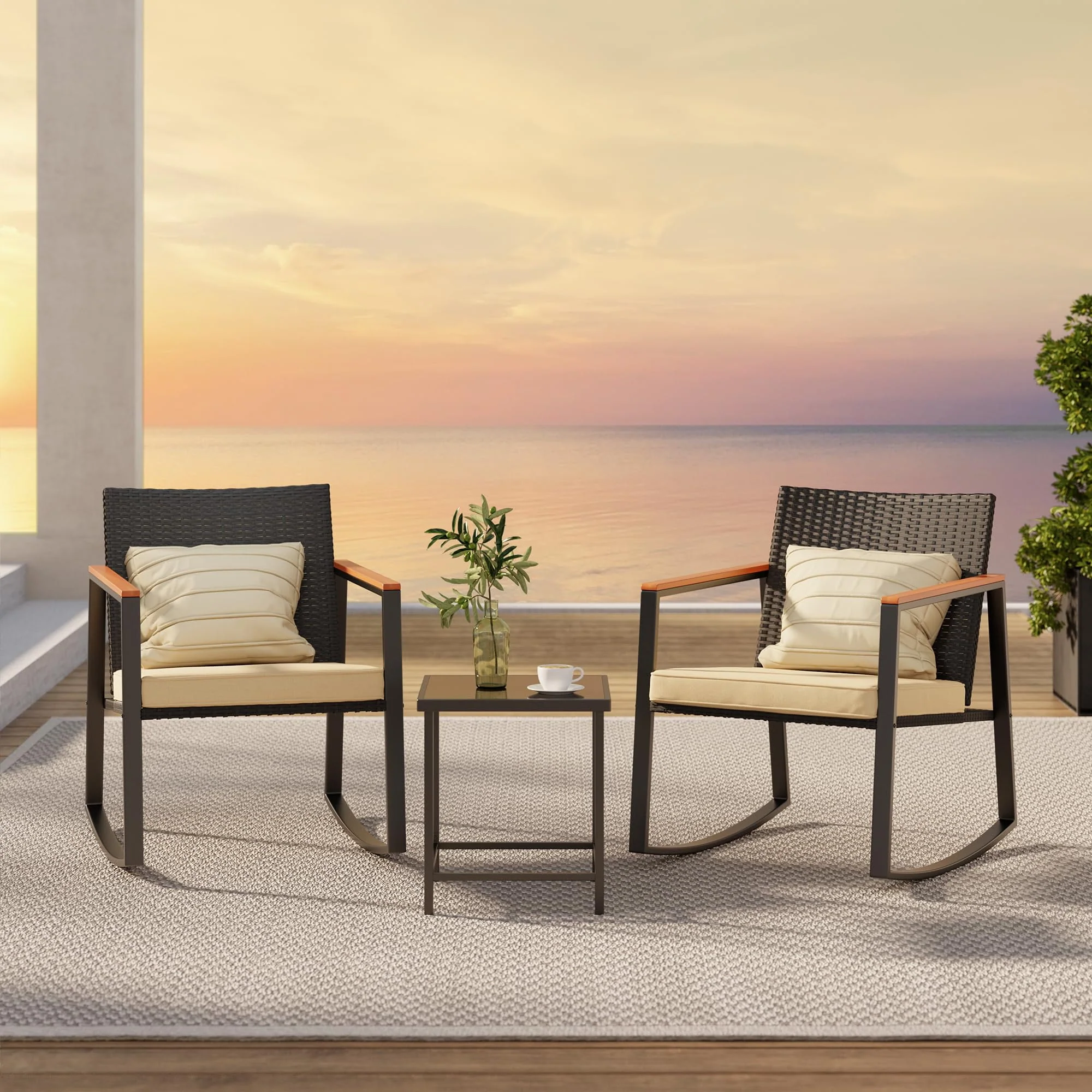 Lofka 3-Piece Patio Wicker Chairs Set with Glass Coffee Table, Outdoor Balcony Furniture Set with Blue Cushion - Womvr