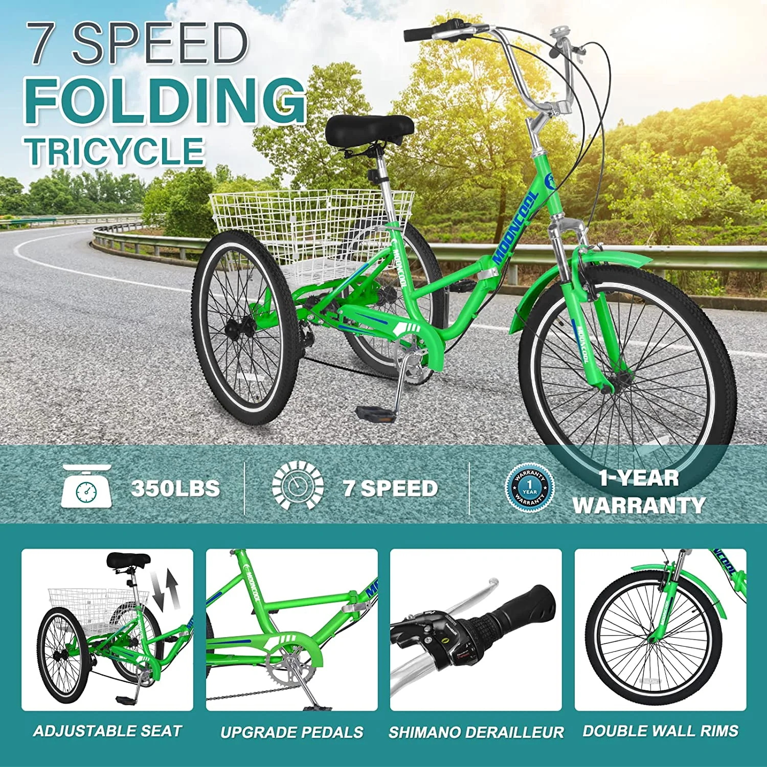 MOONCOOL Adult Folding Tricycle, 7 Speed 20/24/26 inch Adult Tricycles, Three Wheel Bike Cruiser Trike with Large Basket - Womvr