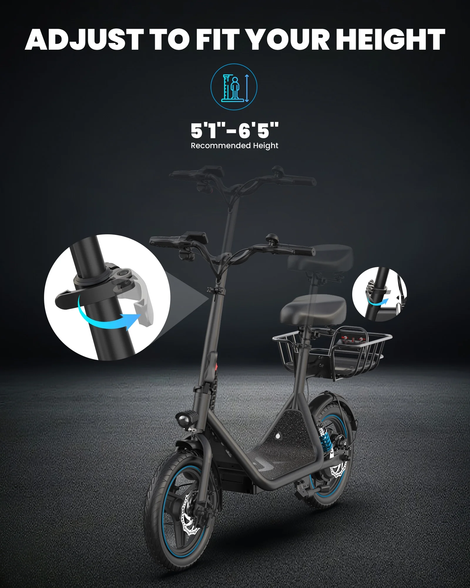 Kistp 600W Electric Scooter with Seat for Adult,14 inch Commuter Electric Scooter with Dual Shock Absorbers and Basket-up to 25 Miles 18.6MPH Rear Basket - Womvr