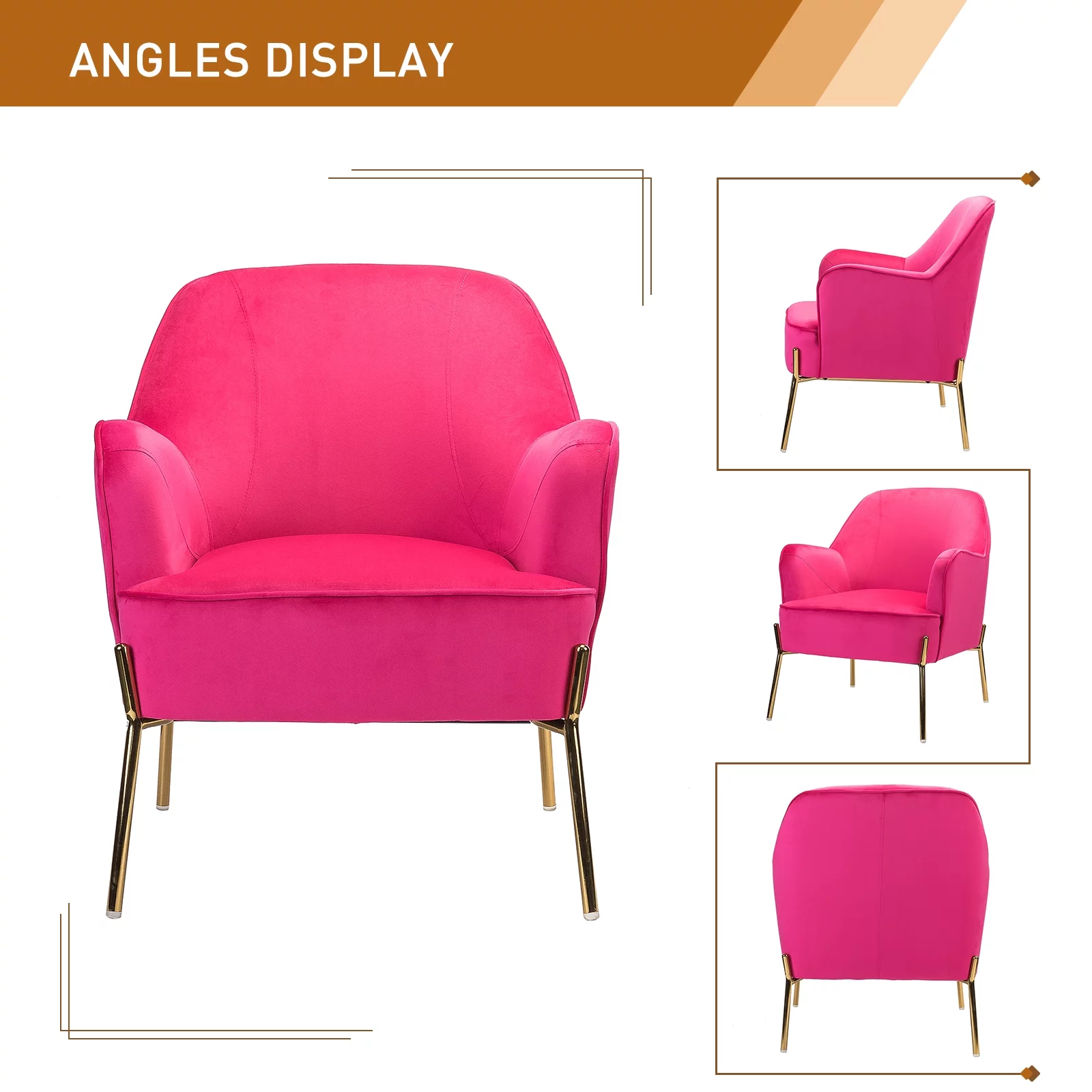 Velvet Upholstered Accent Chair Metal Legs Curved Backrest Lounge Home Armchair Bedroom Adult Pink - Womvr