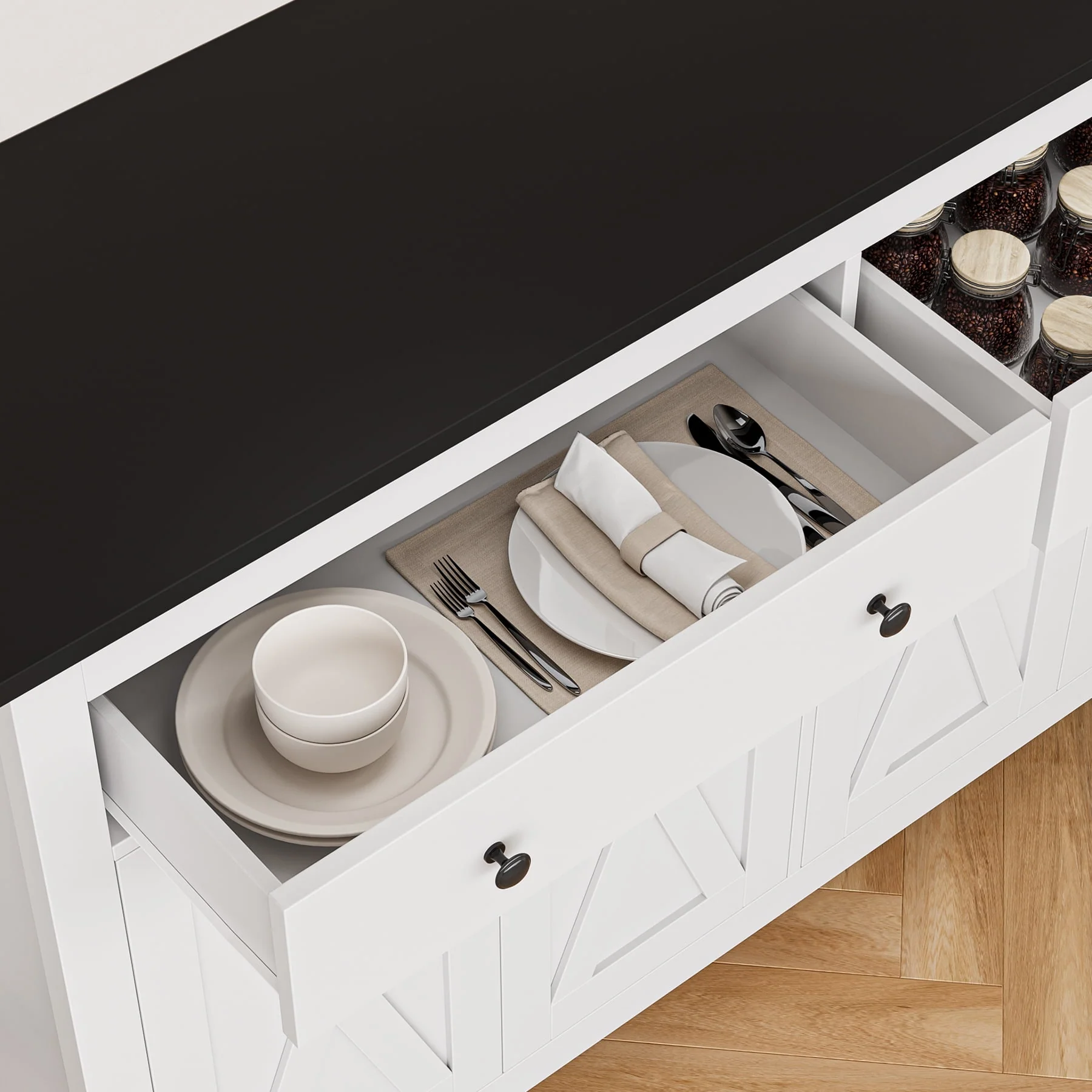 Homfa 4-Doors 2-Drawers Farmhouse Storage Cabinet, Wood Sideboard with Adjustable Shelves for Kitchen Dining Room, White - Womvr