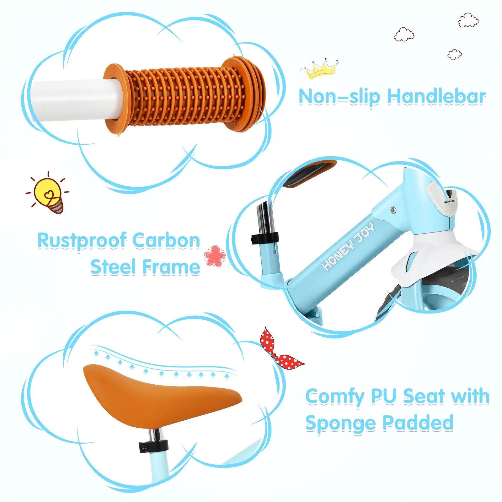 FONIRRA Kids Balance Toddler Bicycle No-Pedal Training Bike with Adjustable Handlebar and seat for 2-5 Years Old Boys Girls, Blue - Womvr