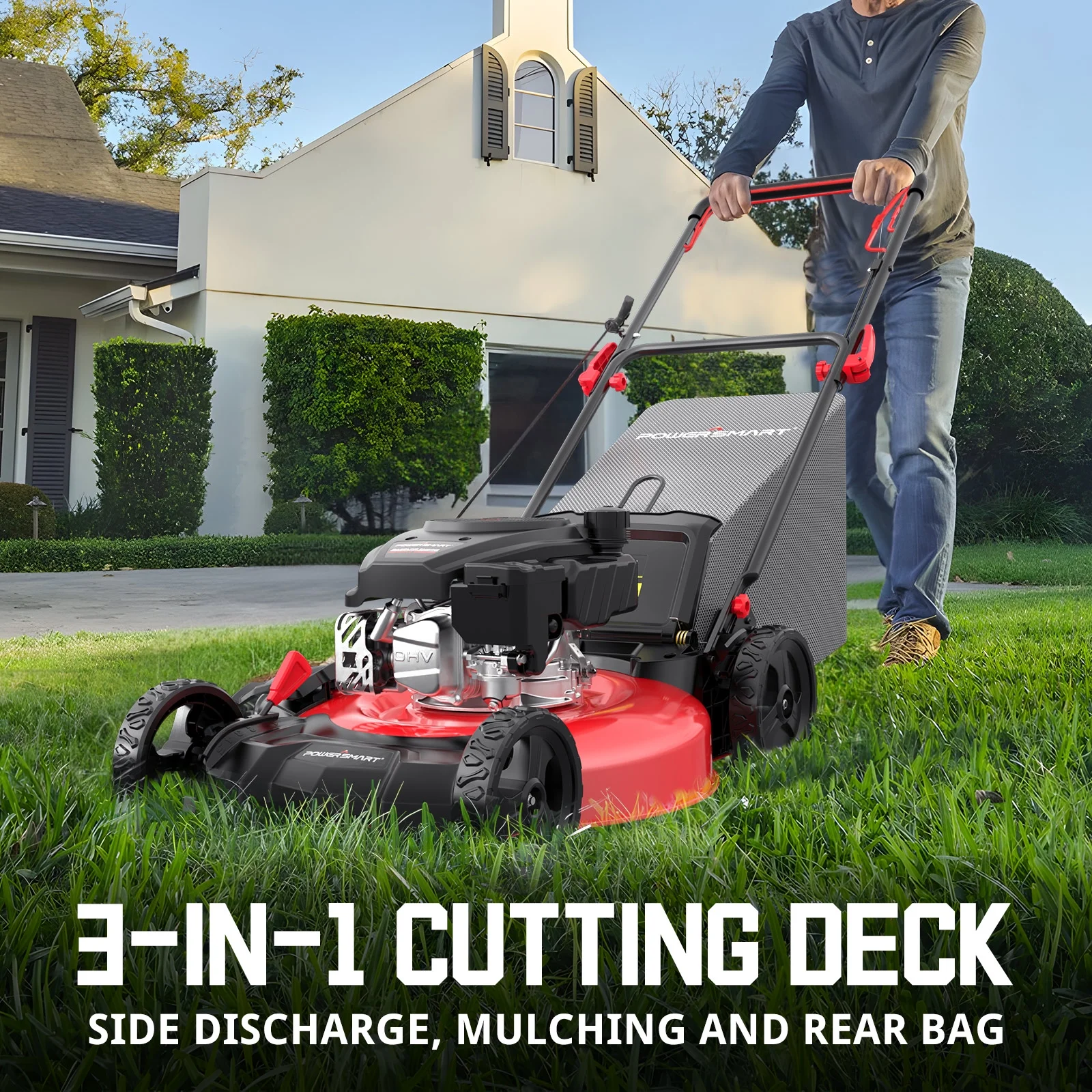 PowerSmart Gas Lawn Mower, 170cc Self-Propelled, 21 inches Cutting Blade, Quick Fold & Unfold Design - Womvr