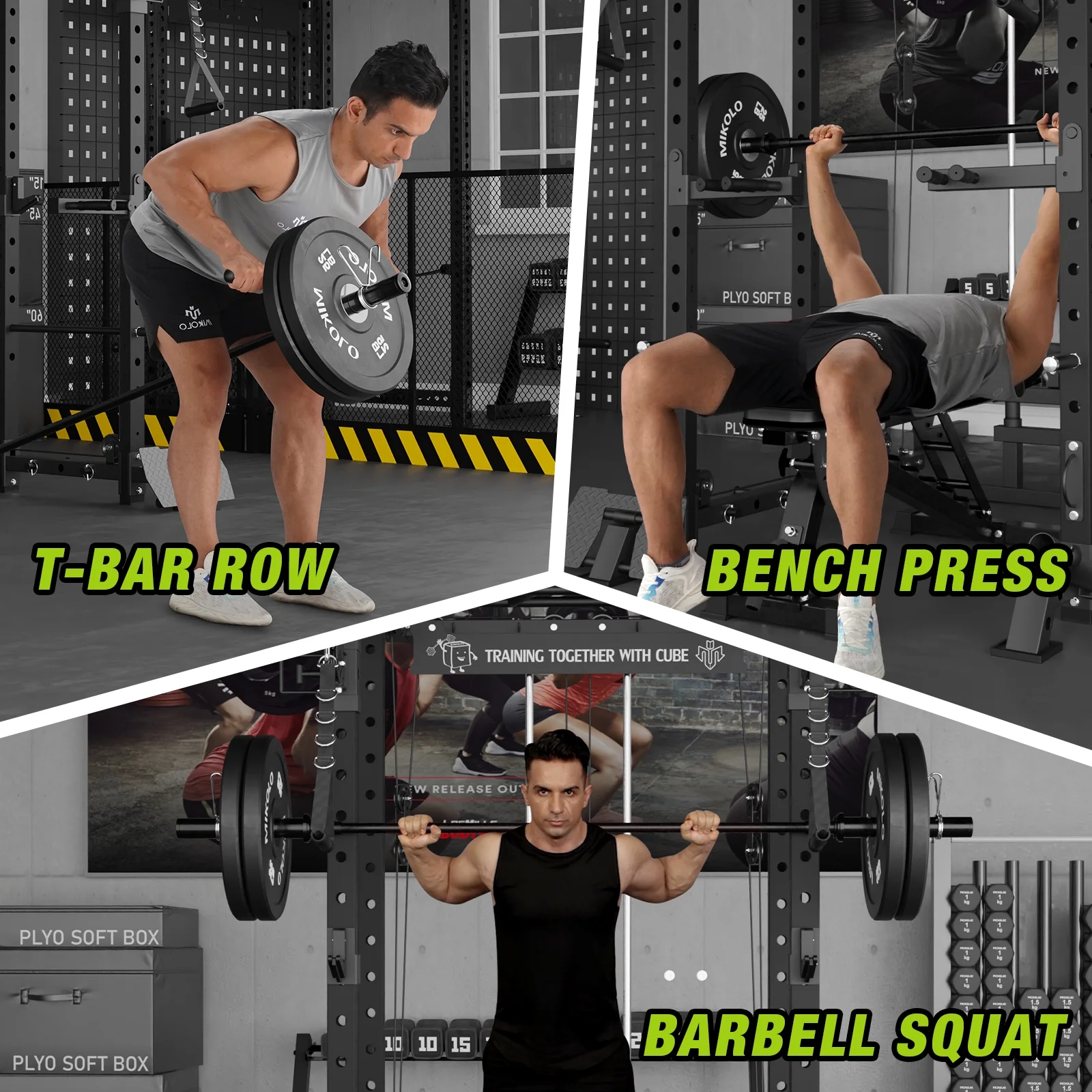 Mikolo Power Rack Cage, 1500 lbs Weight Rack with Cable Crossover Machine,Multi-Function Squat Rack with J Hooks,Dip Bars and Landmine for Home Gym (Black), Plate Loaded Machine - Womvr