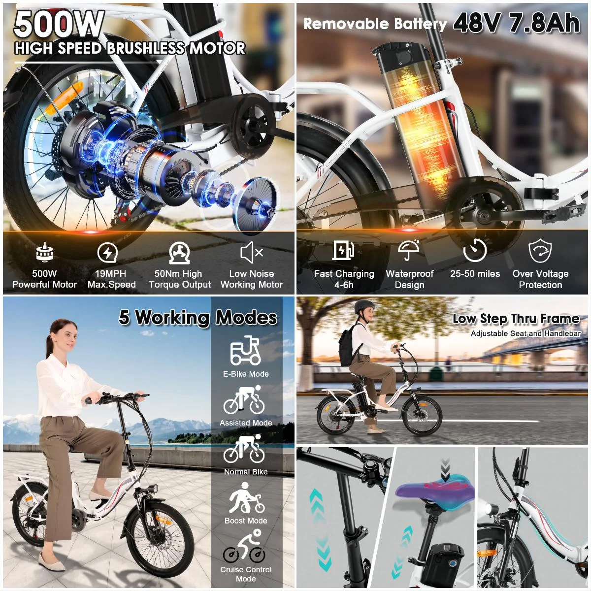 Elifine 500W Folding Electric Bike for Adults, 20