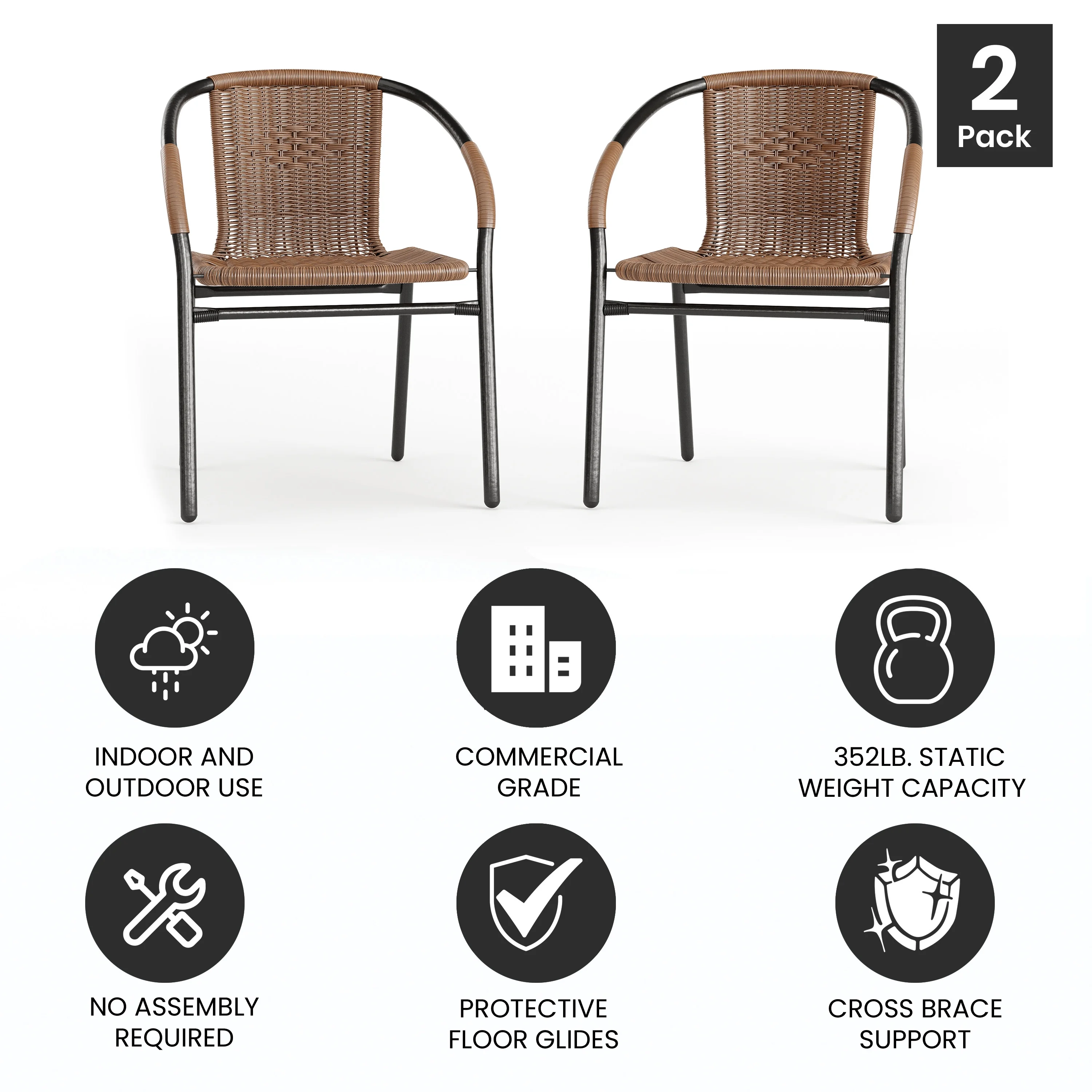 Emma + Oliver 2 Pack Gray Rattan Indoor-Outdoor Restaurant Stack Chair with Curved Back - Womvr