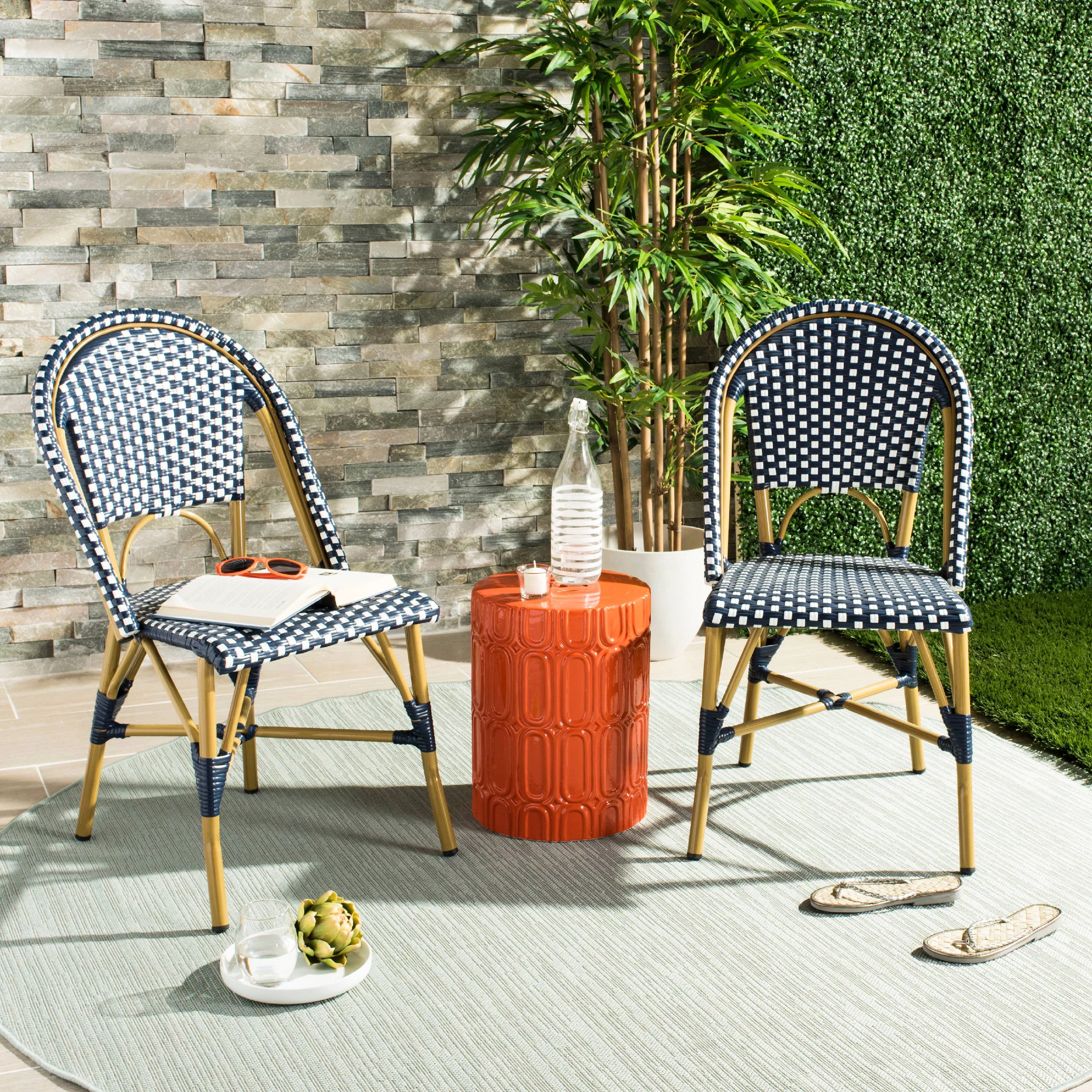 SAFAVIEH Salcha Outdoor French Bistro Side Chair, Blue/White, Set of 2 - Womvr