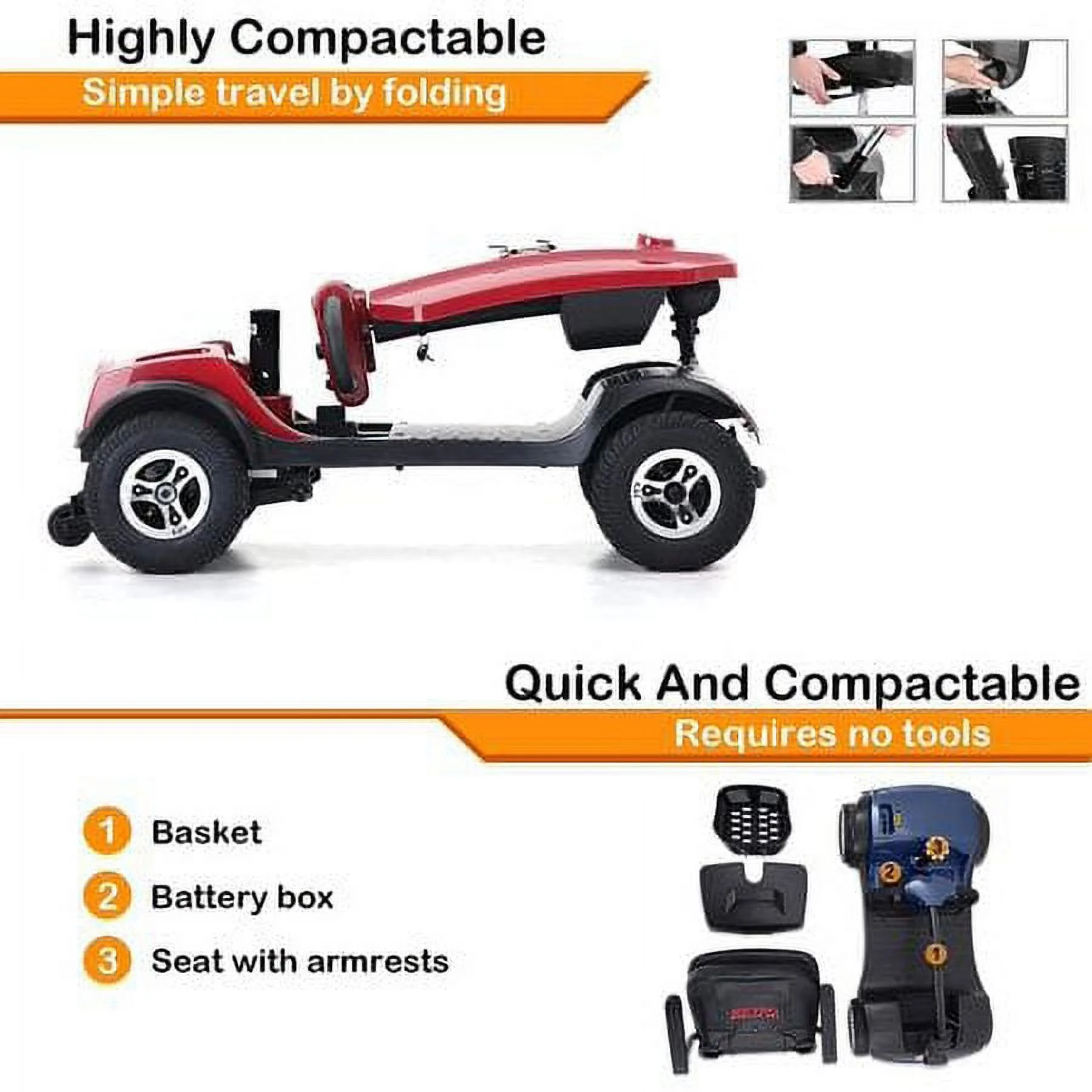 Mobility Scooter 4 Wheels LED Lights USB Port Extra Long Range for Seniors Adults Red - Womvr