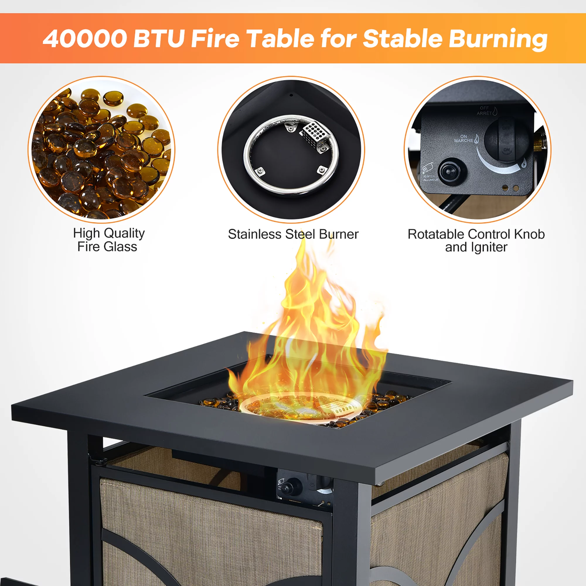 Costway 25-Inch Square Propane Fire Pit Table 40000 BTU W/ Lid, Fire Glass - Womvr